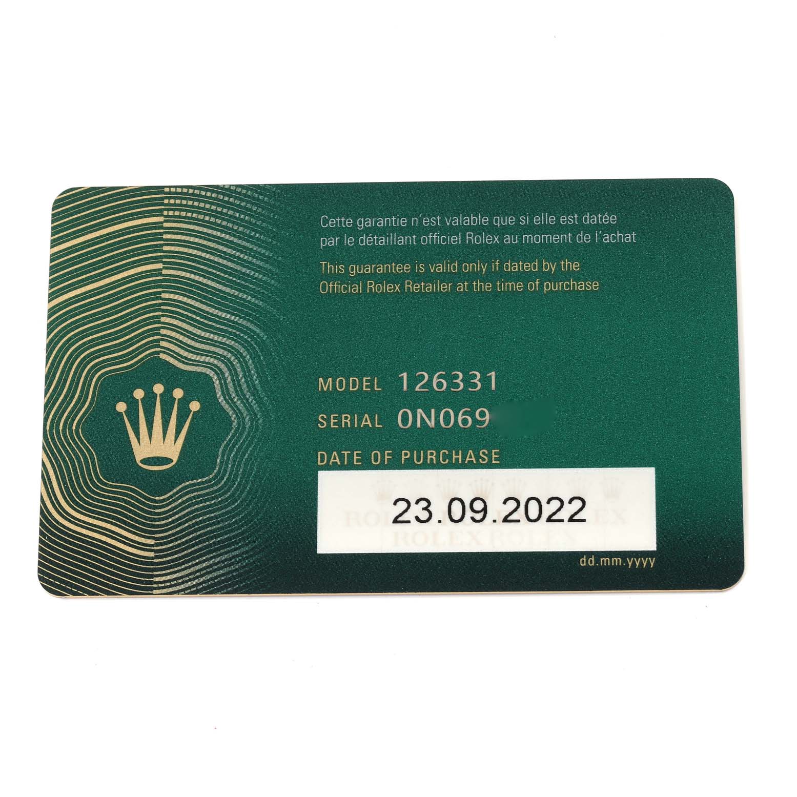 This is a guarantee card for the Rolex Datejust 41 126331 Men's Steel and Gold (two tone) Grey Dial 126331 Men's Steel and Gold (two tone) Grey Dial model, displaying the model and serial numbers, with a purchase date of 23.09.2022.