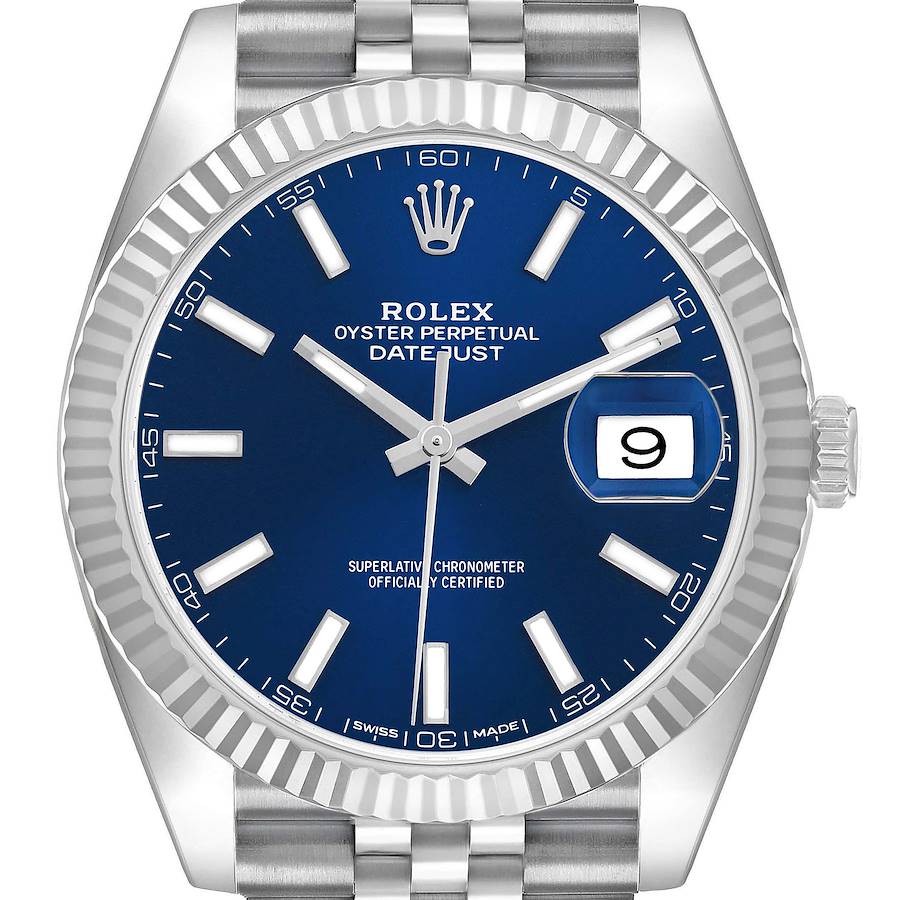 The Rolex Datejust 41 126334 Men's Stainless Steel Blue Dial is shown from a front angle, highlighting the blue dial, bezel, and bracelet.