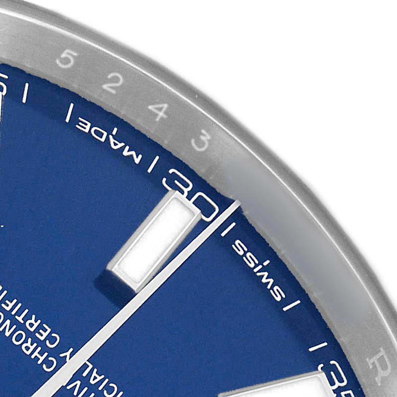 The close-up image of the Rolex Datejust 41 126334 Men's Stainless Steel Blue Dial model shows part of the blue dial, hour marker, and a section of the bezel.