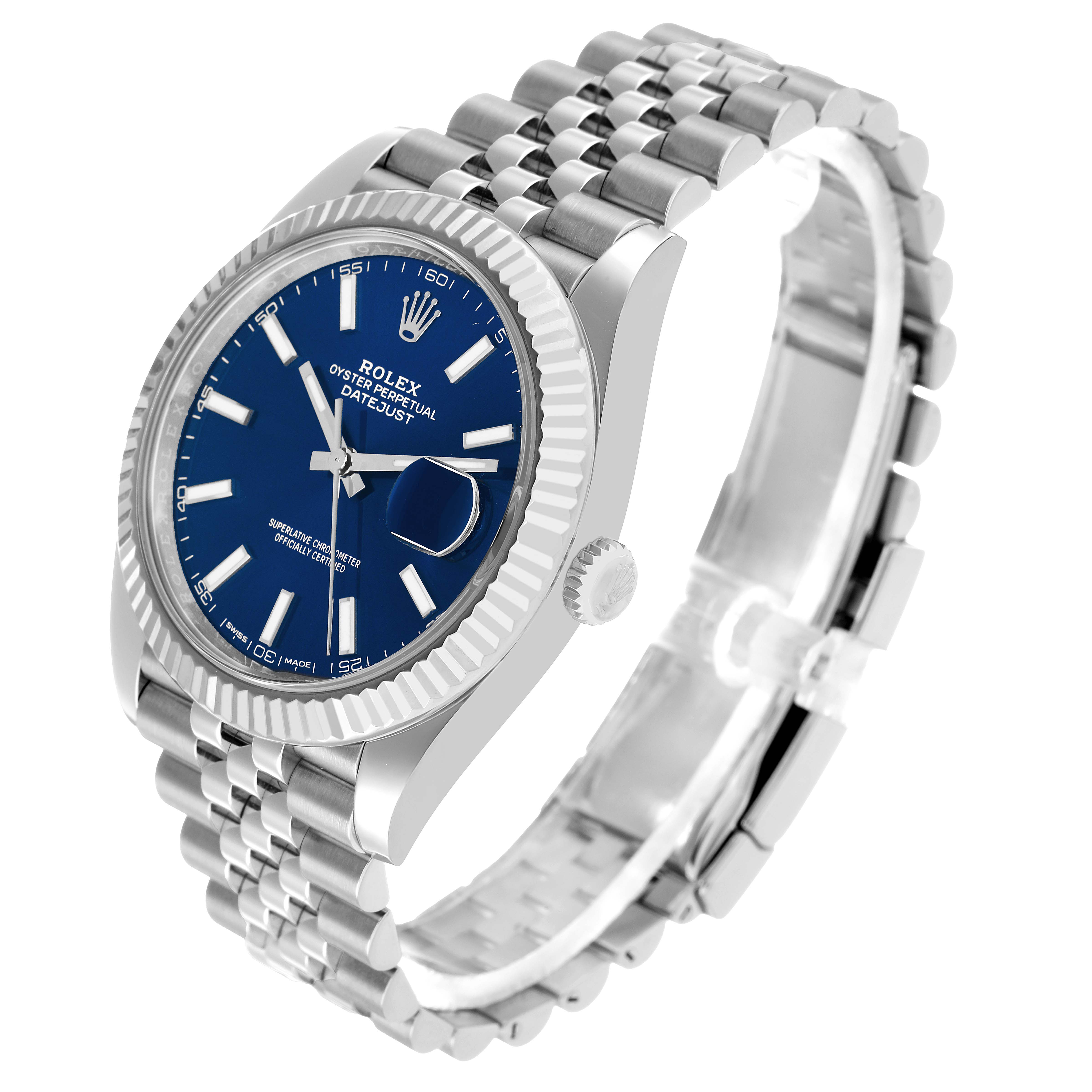 The Rolex Datejust 41 126334 Men's Stainless Steel Blue Dial watch is shown at a three-quarter angle, showcasing the dial, fluted bezel, case, and Jubilee bracelet.