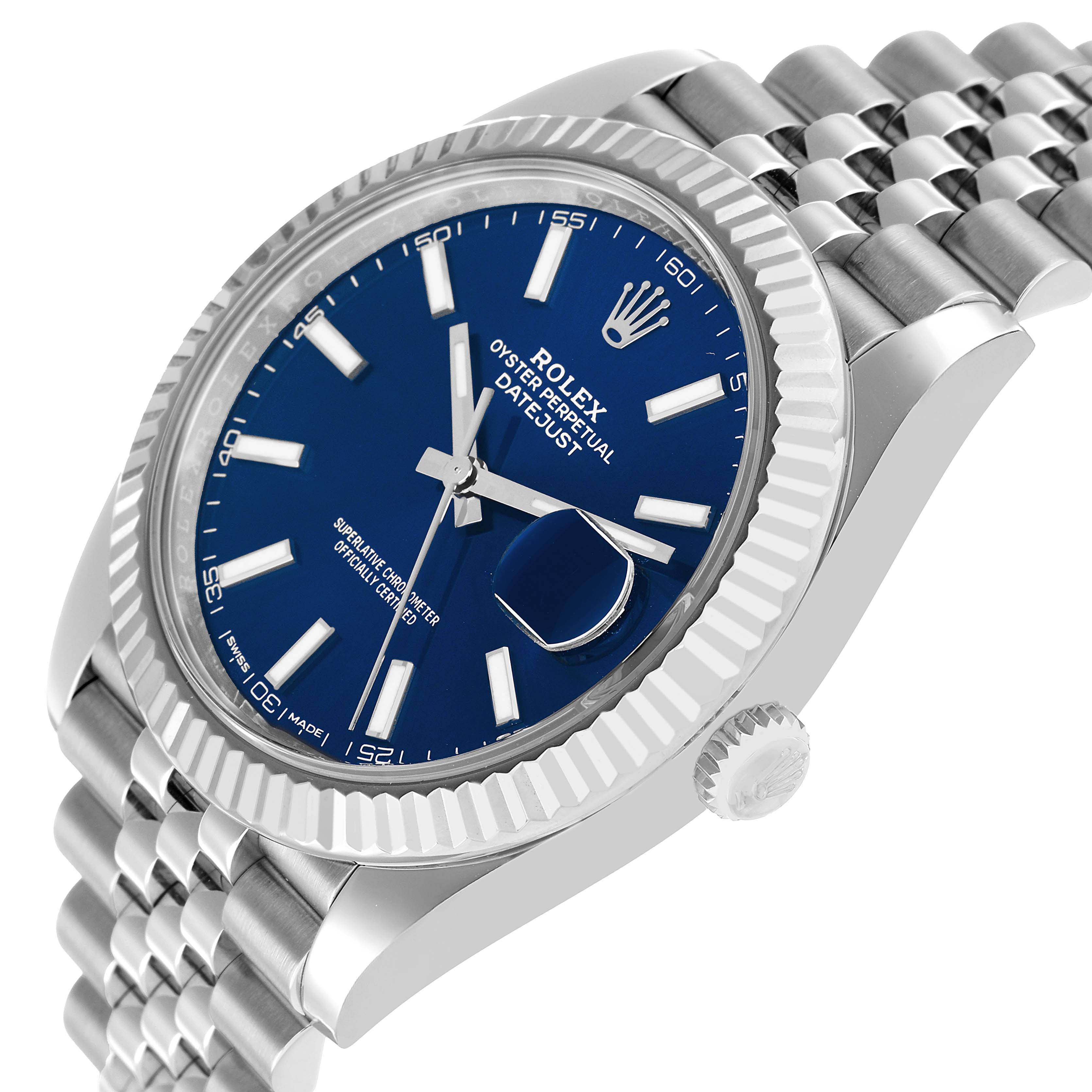 The Rolex Datejust 41 126334 Men's Stainless Steel Blue Dial is shown at an angled view, displaying the blue dial, fluted bezel, jubilee bracelet, and crown.