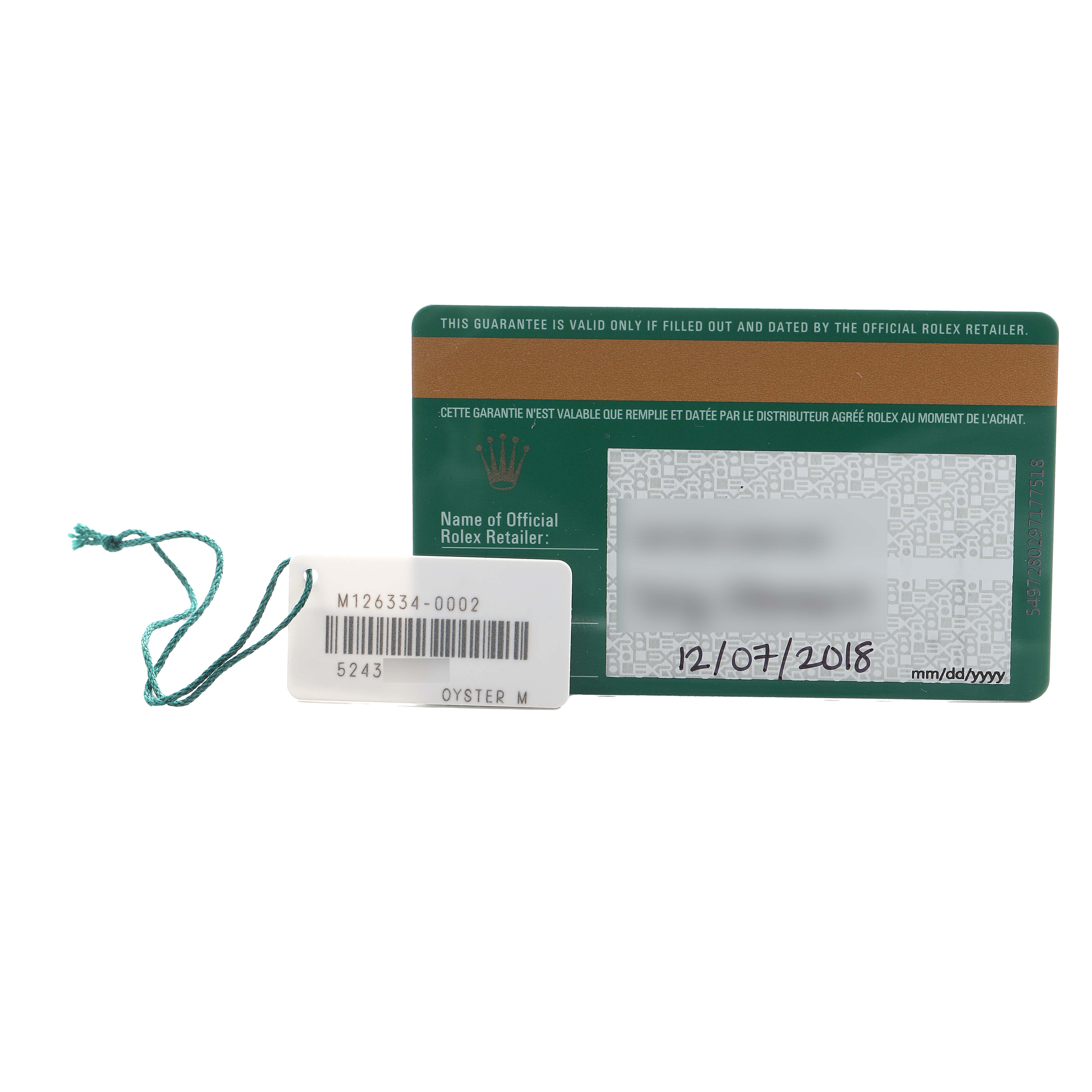 This image shows the warranty card and tag for a Rolex Datejust 41 126334 Men's Stainless Steel Blue Dial model.