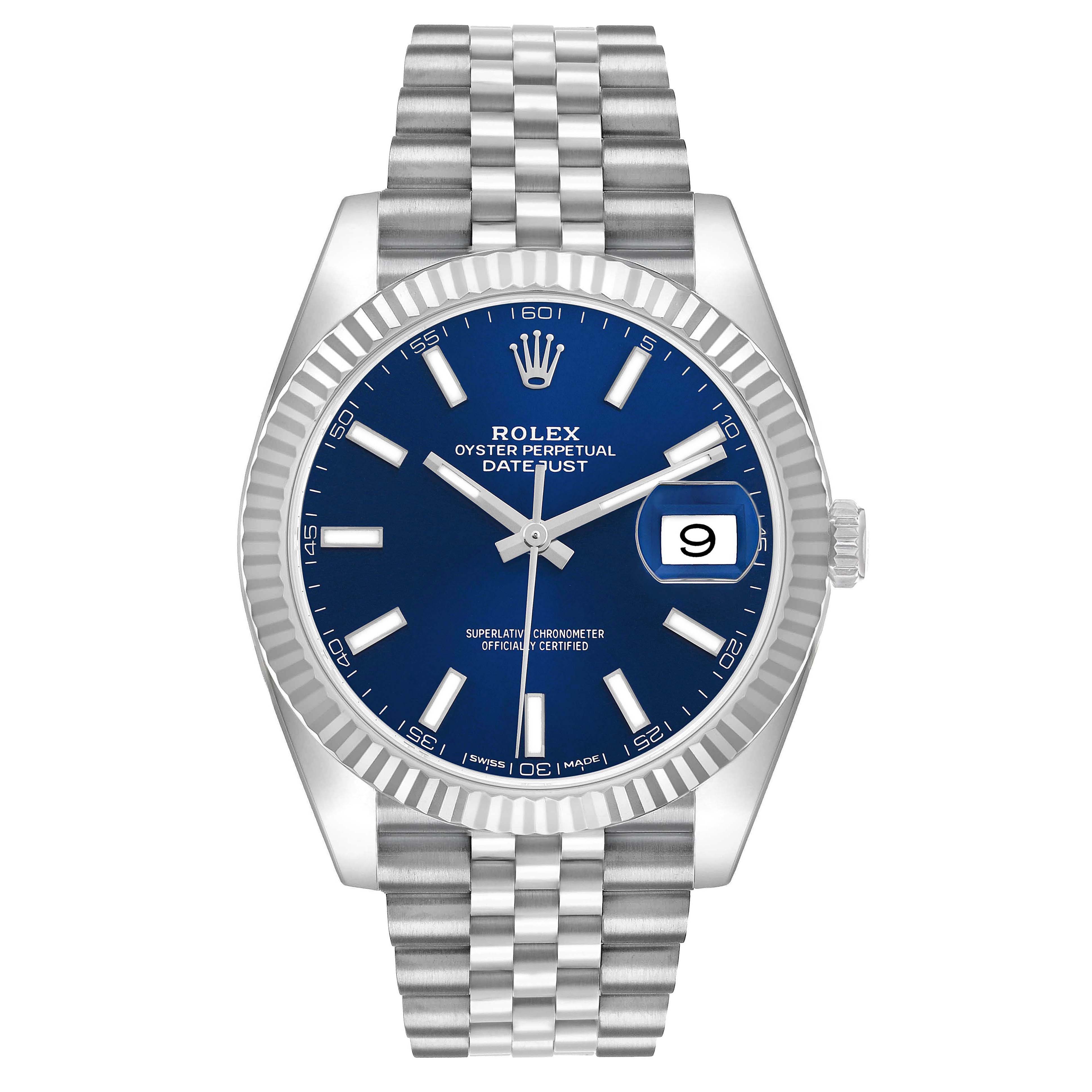 The Rolex Datejust 41 126334 Men's Stainless Steel Blue Dial is shown from the front, highlighting its blue dial, fluted bezel, and Jubilee bracelet.