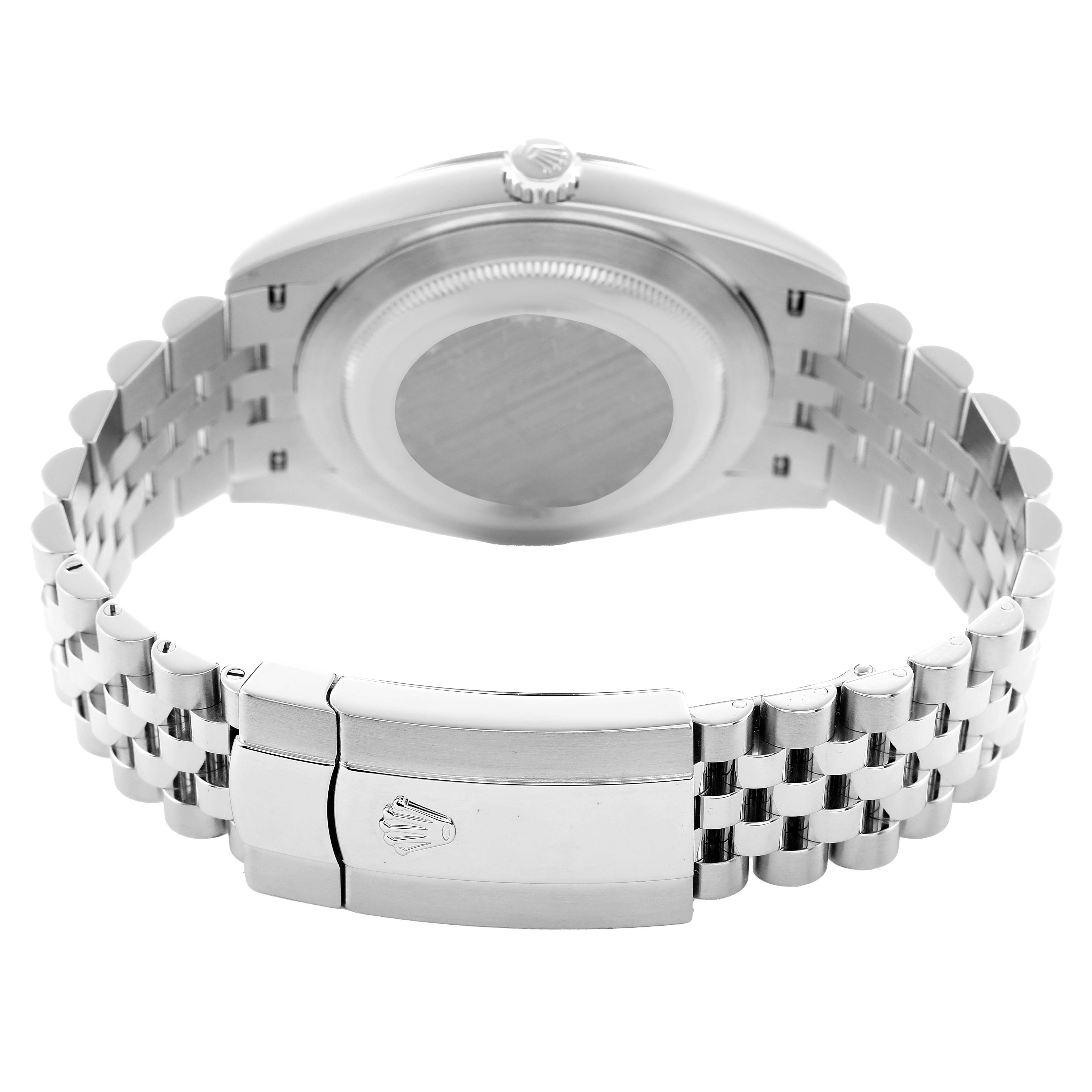 The image shows the back case, bracelet, and clasp of a Rolex Datejust 41 126334 Men's Stainless Steel Blue Dial, viewed from the rear.