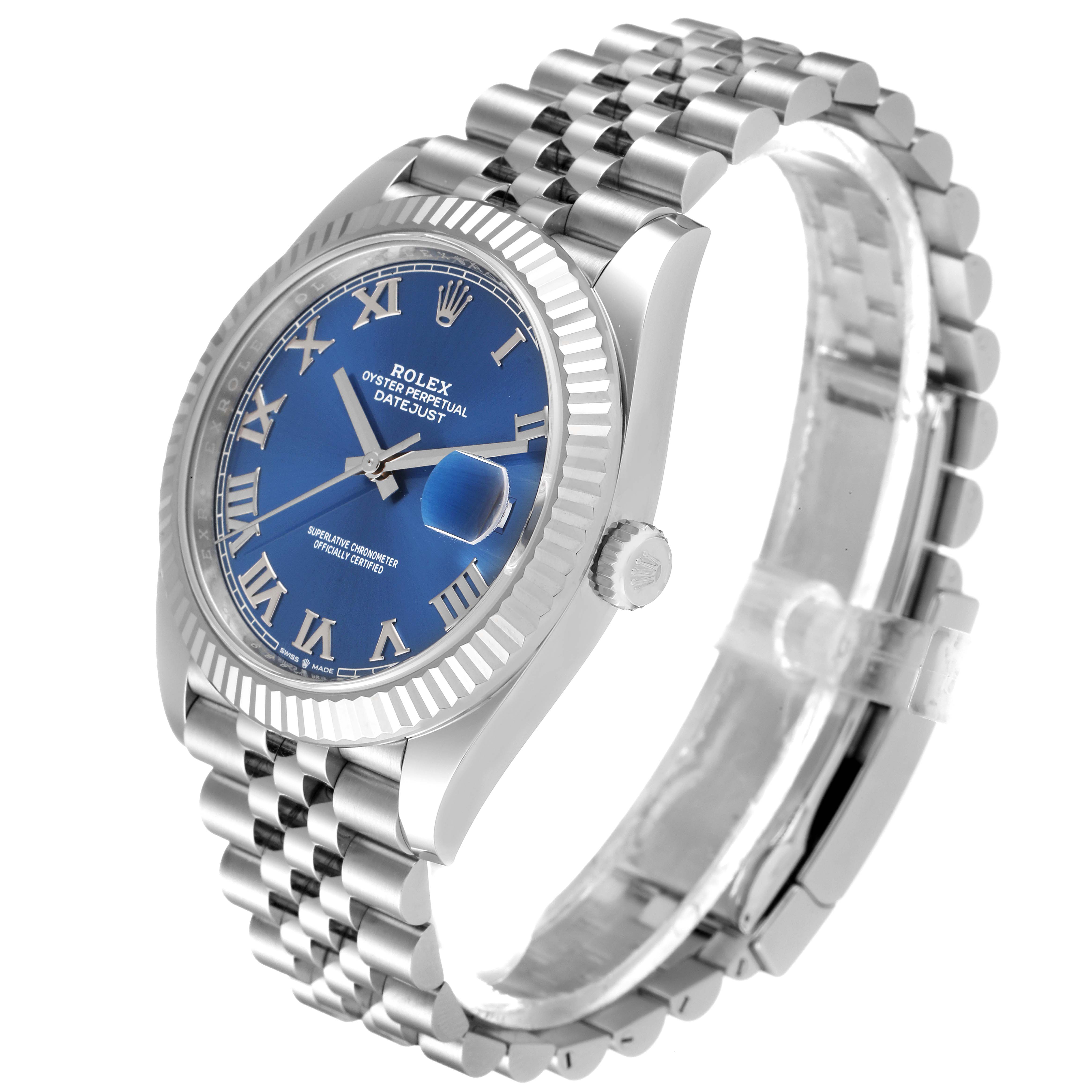 The Rolex Datejust 41 126334 Men
s Stainless Steel Blue Dial 126334 Men
s Stainless Steel Blue Dial watch is shown at a three-quarter angle, displaying the dial, case, fluted bezel, crown, and Jubilee bracelet.