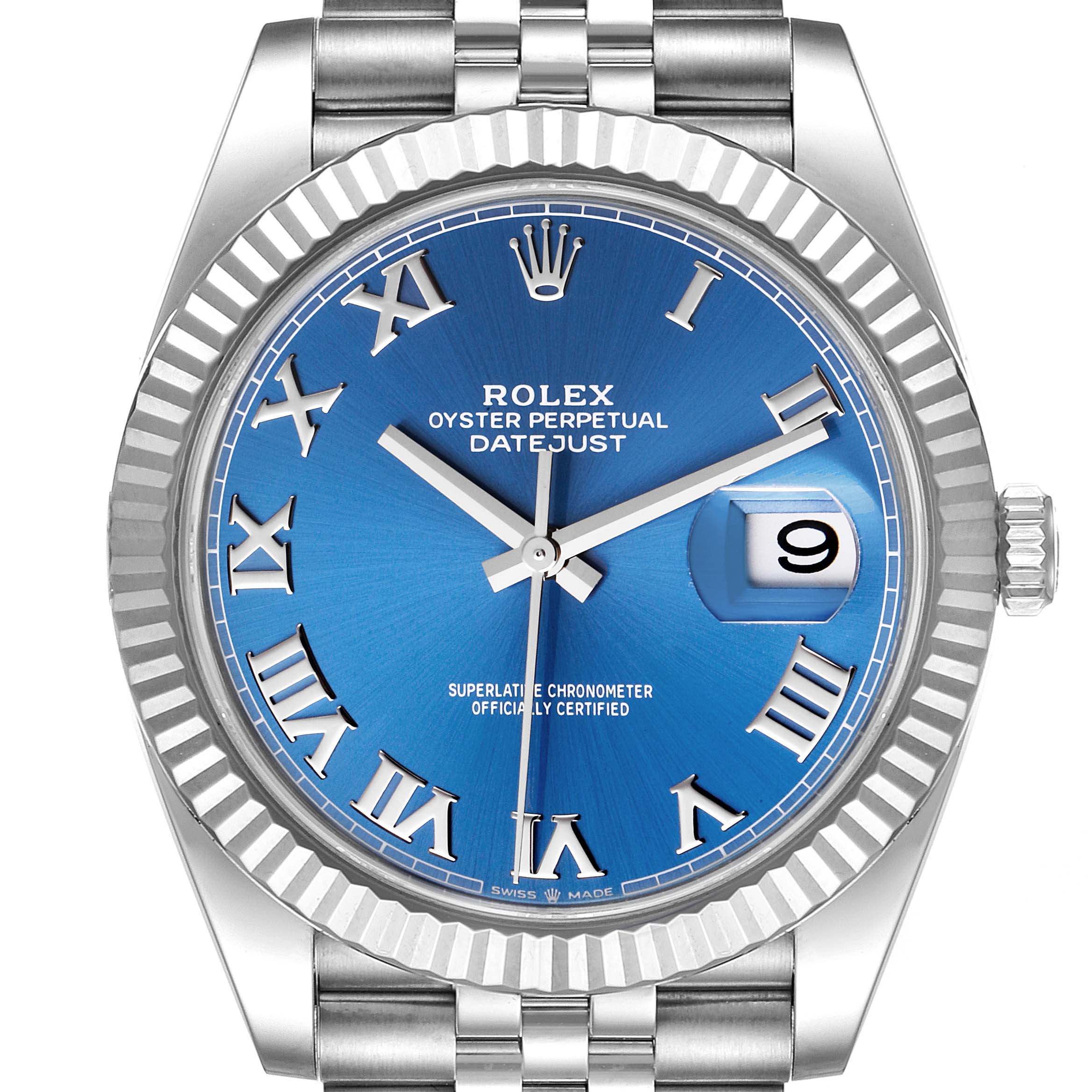 The image shows a front view of the Rolex Datejust 41 126334 Men
s Stainless Steel Blue Dial 126334 Men
s Stainless Steel Blue Dial watch, highlighting its blue dial, Roman numerals, and Jubilee bracelet.