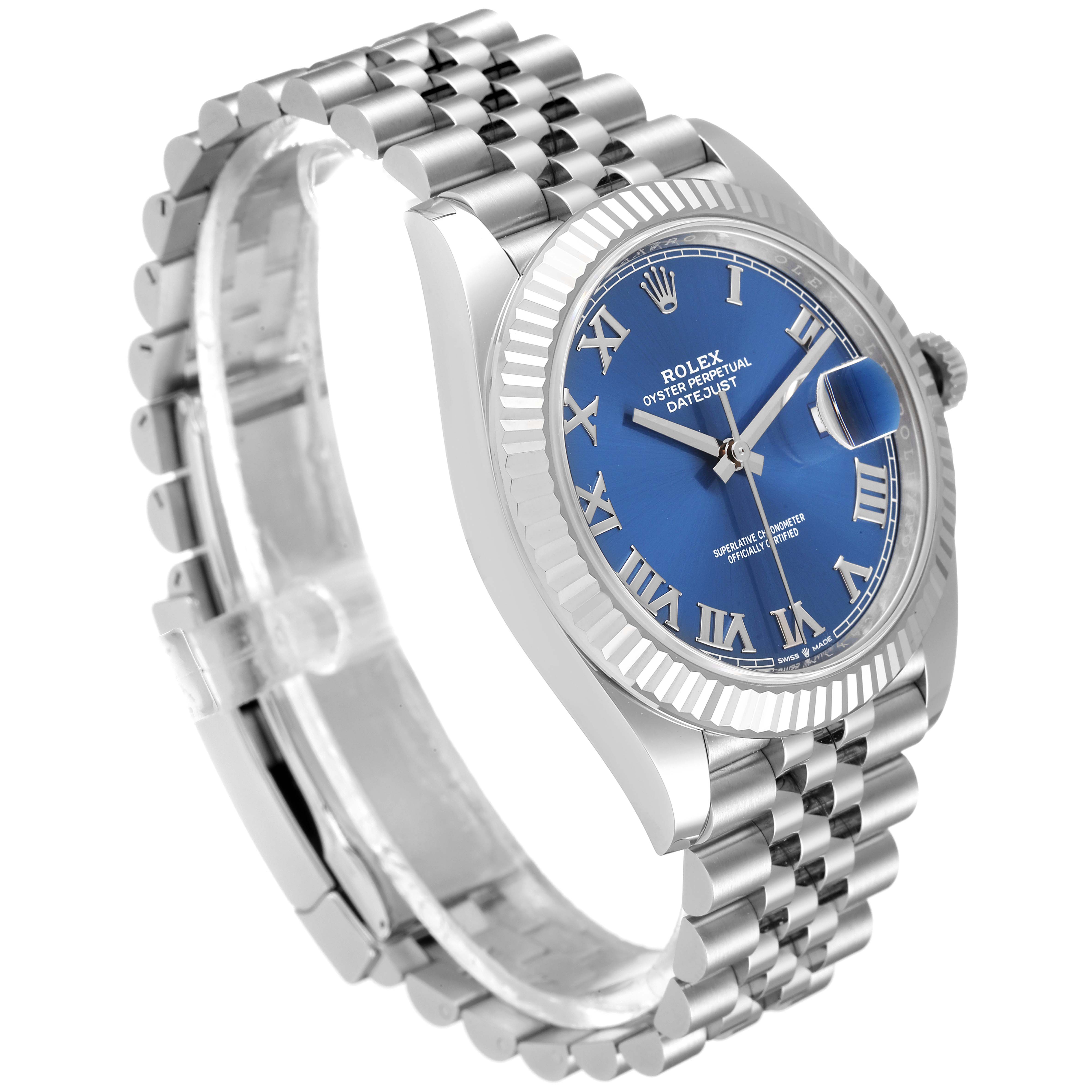 The Rolex Datejust 41 126334 Men
s Stainless Steel Blue Dial 126334 Men
s Stainless Steel Blue Dial watch is shown at a three-quarter angle, displaying its face and bracelet.