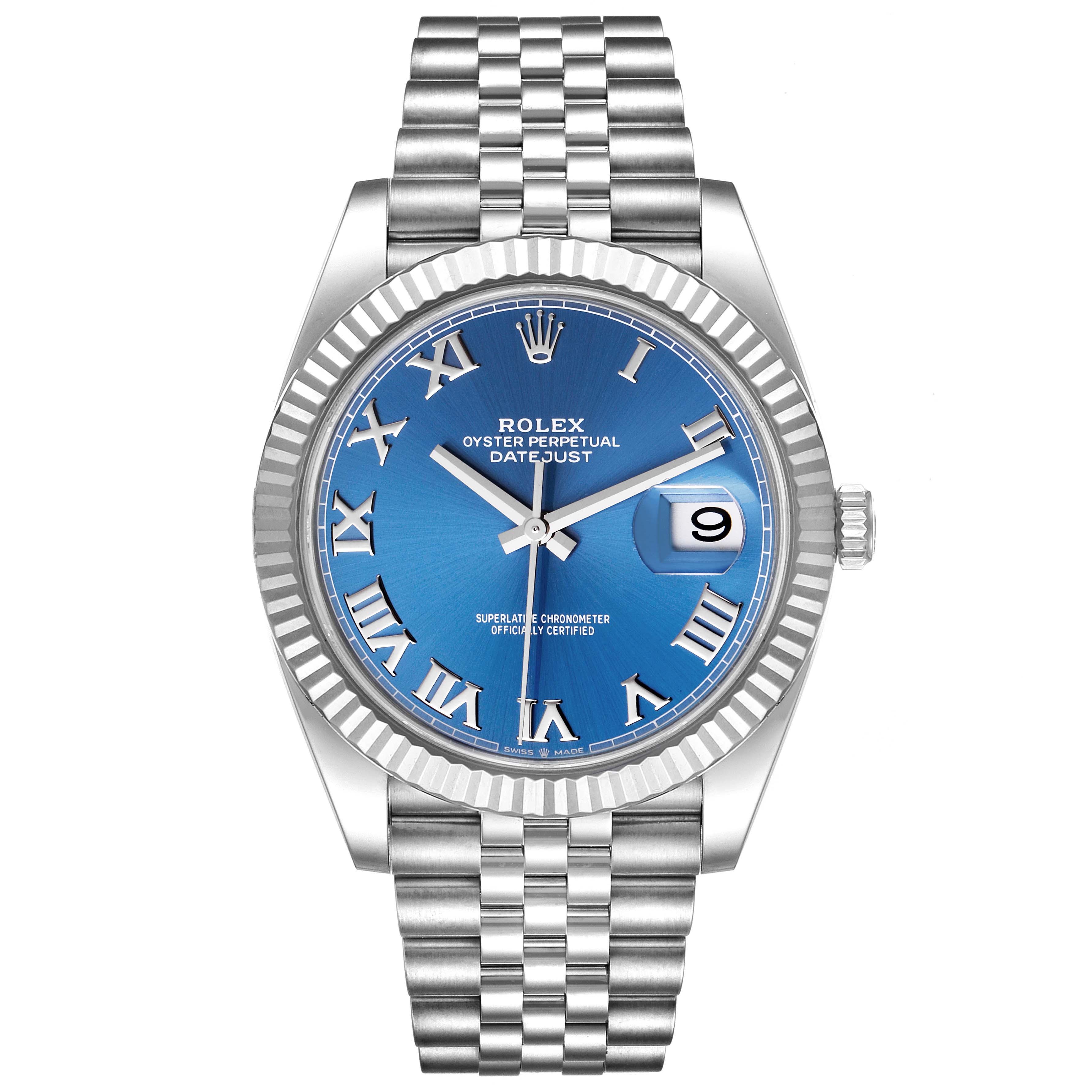 The image shows a front view of the Rolex Datejust 41 126334 Men
s Stainless Steel Blue Dial 126334 Men
s Stainless Steel Blue Dial watch, highlighting its blue dial, fluted bezel, and Jubilee bracelet.