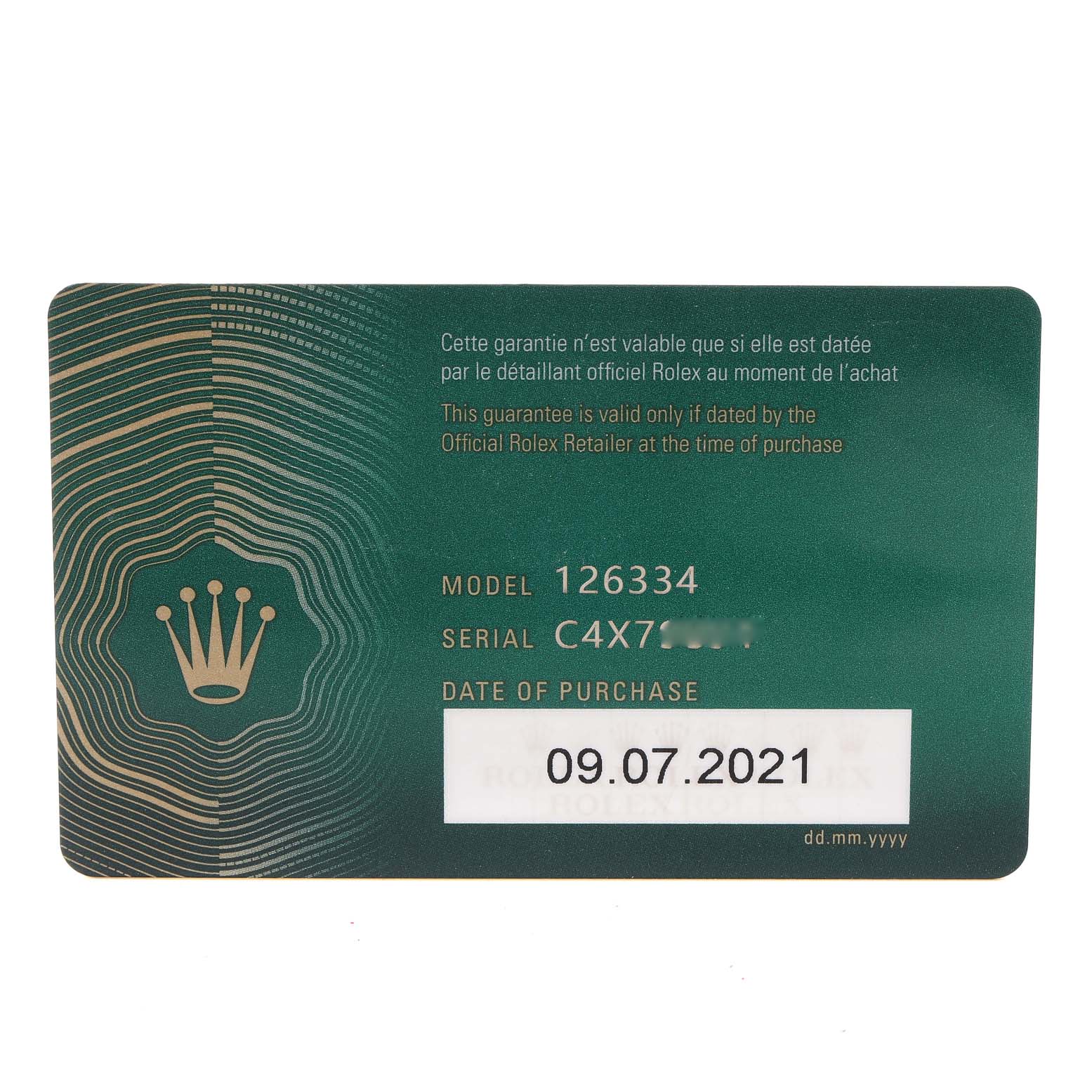 This is a warranty card for the Rolex Datejust 41 126334 Men
s Stainless Steel Blue Dial 126334 Men
s Stainless Steel Blue Dial model 126334 with the date of purchase shown.