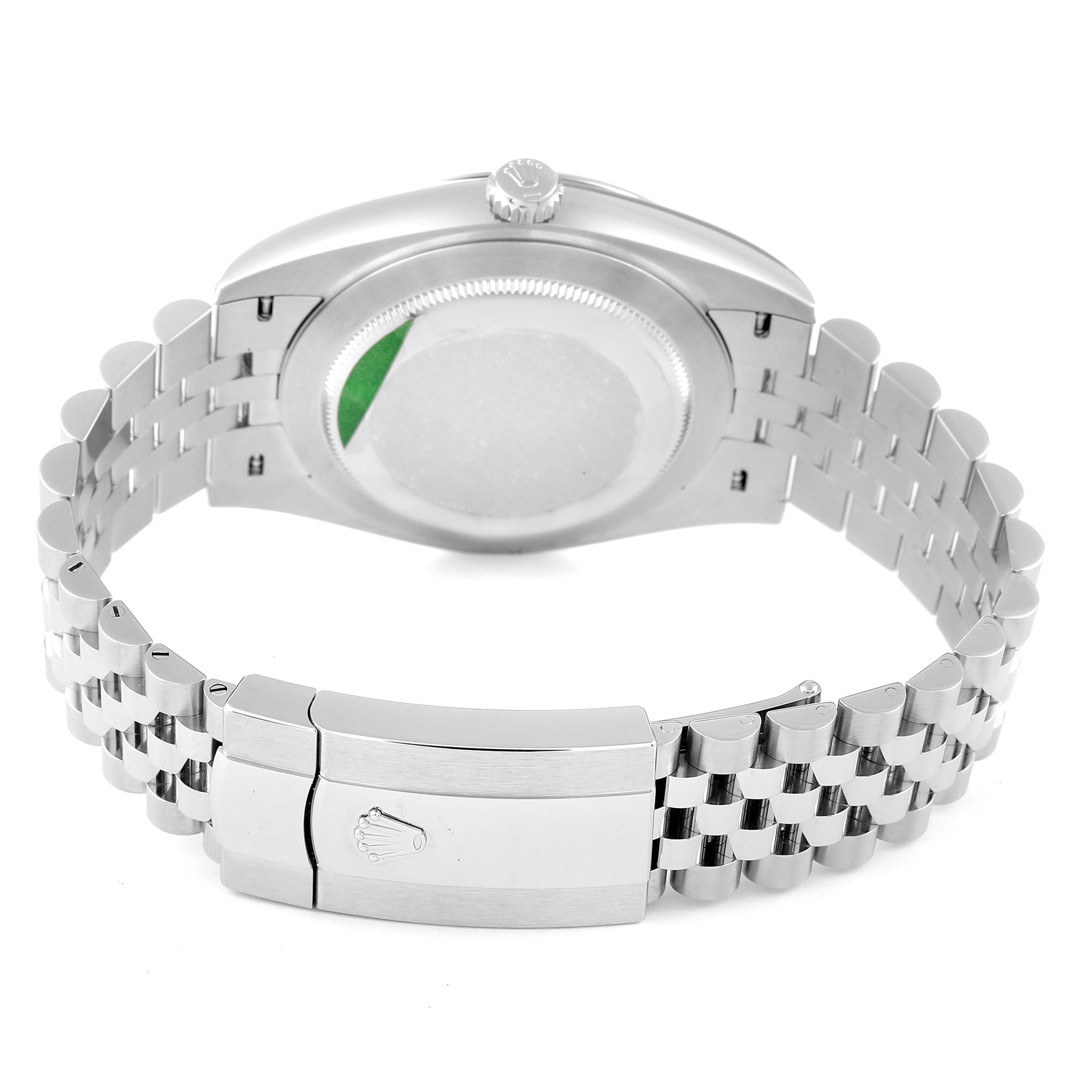 This image shows the back view of the Rolex Datejust 41 126334 Men
s Stainless Steel Blue Dial 126334 Men
s Stainless Steel Blue Dial watch, focusing on its case, crown, and bracelet clasp.