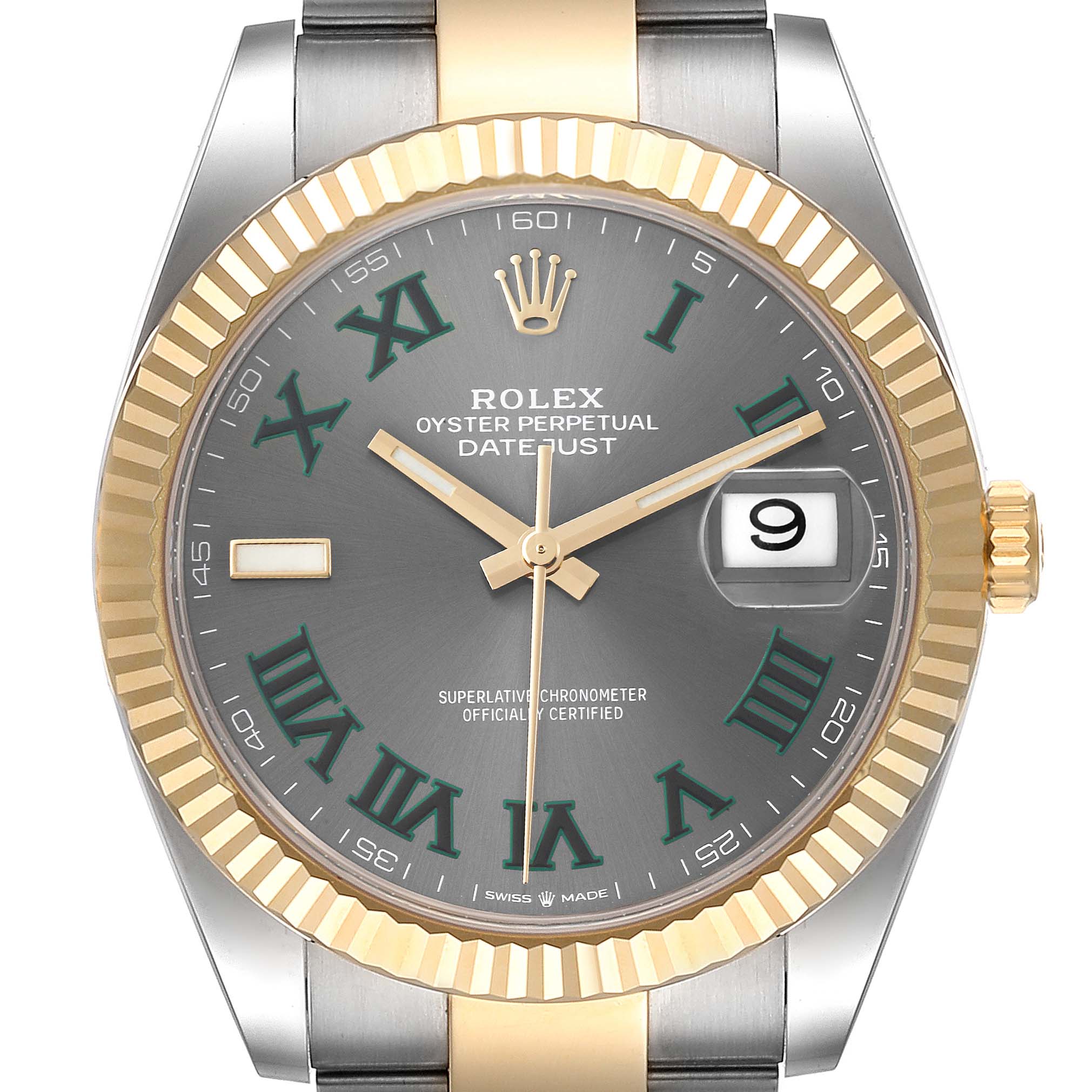 The image shows a Rolex Datejust 41 126333 Men's Steel and Gold (two tone) Grey Dial 126333 Men's Steel and Gold (two tone) Grey Dial watch from the front angle, displaying the dial, hands, date window, and the bezel.