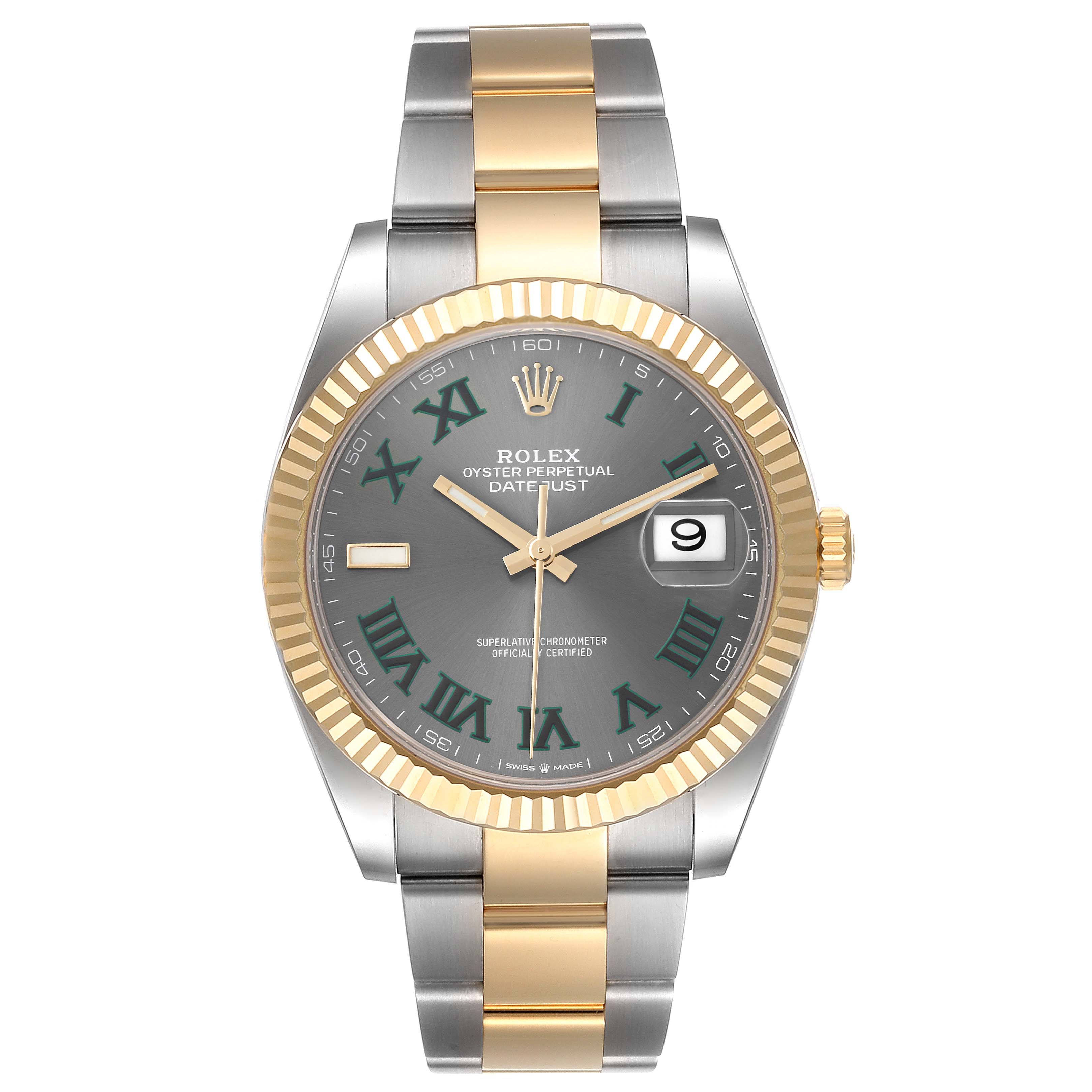 The Rolex Datejust 41 126333 Men's Steel and Gold (two tone) Grey Dial 126333 Men's Steel and Gold (two tone) Grey Dial watch is shown from a straight-on angle, displaying its two-tone bracelet, fluted bezel, and dial with Roman numerals.