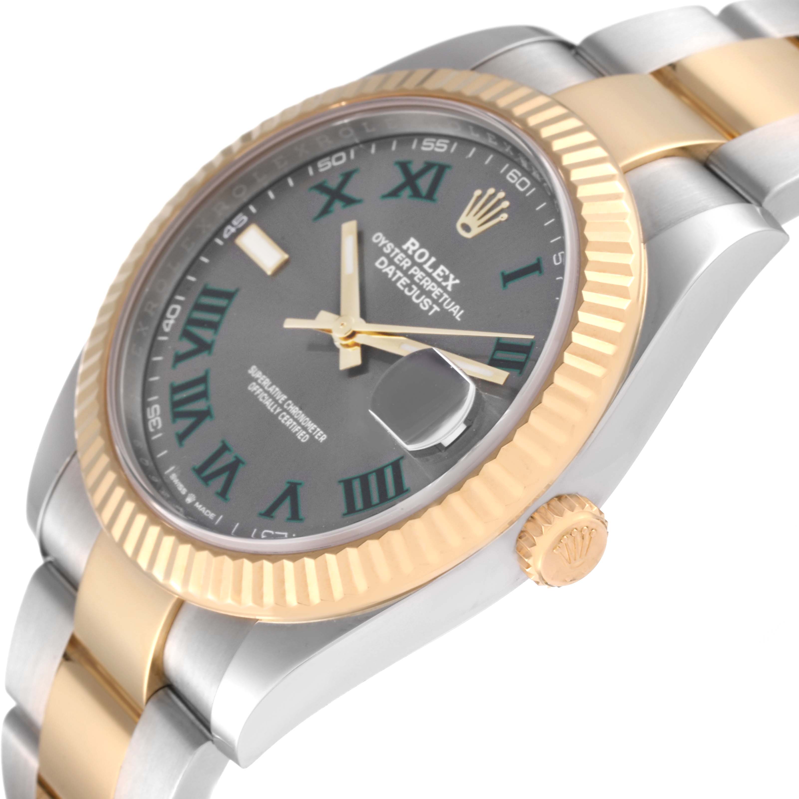 The image shows a close-up angled view of the dial, bezel, crown, and part of the bracelet of a Rolex Datejust 41 126333 Men's Steel and Gold (two tone) Grey Dial 126333 Men's Steel and Gold (two tone) Grey Dial.