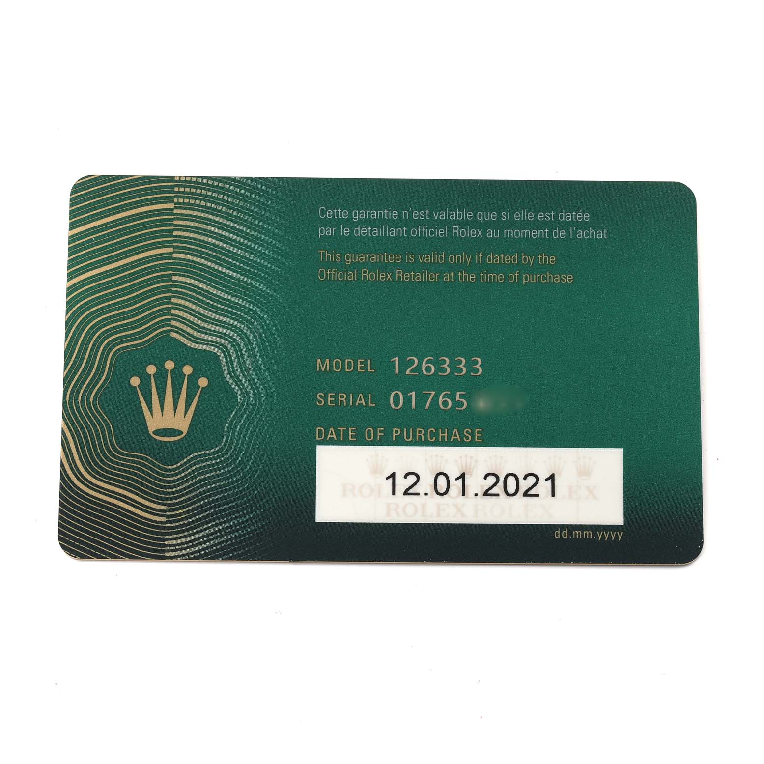 The image shows the guarantee card for the Rolex Datejust 41 126333 Men's Steel and Gold (two tone) Grey Dial 126333 Men's Steel and Gold (two tone) Grey Dial model with model number 126333 and purchase date 12.01.2021.