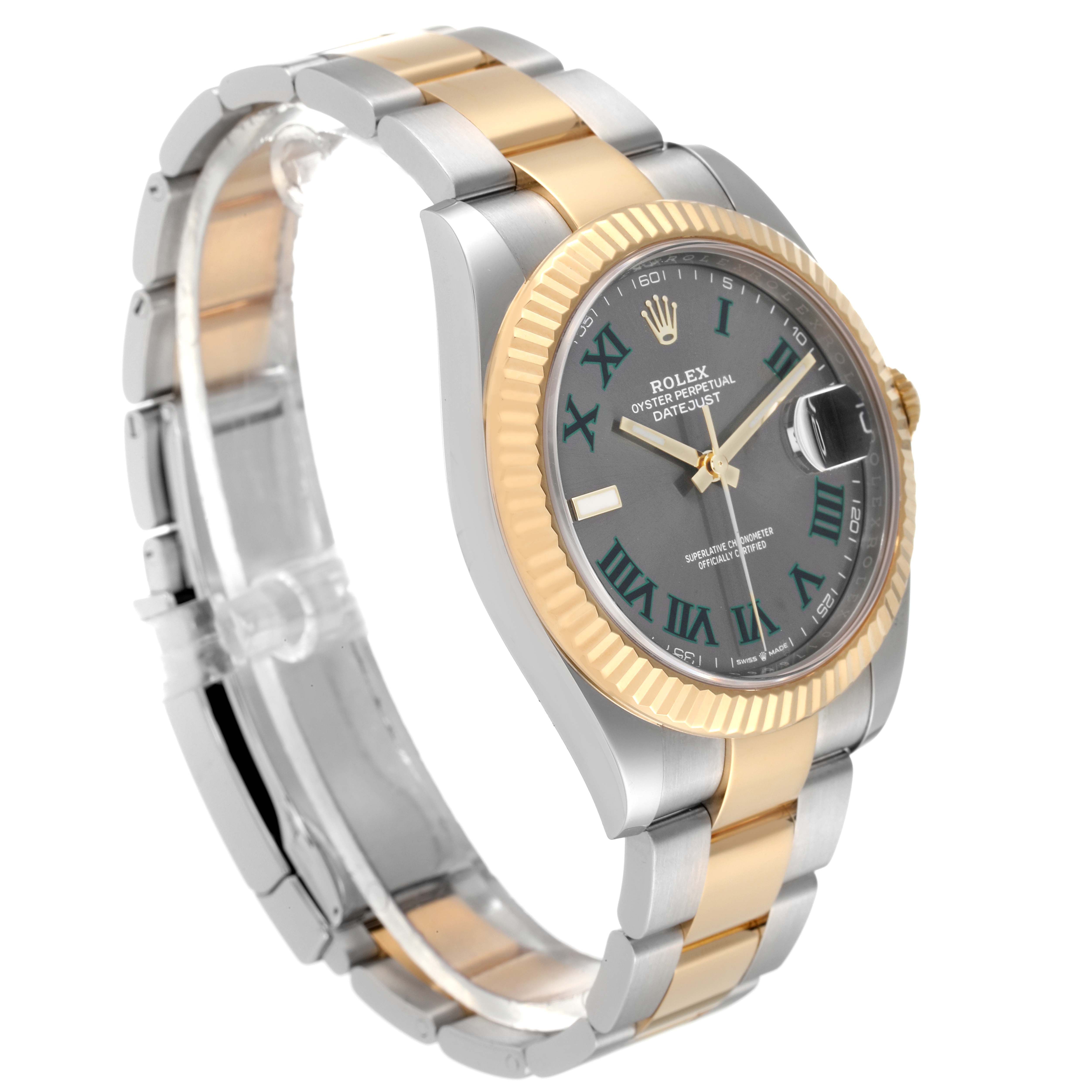 The Rolex Datejust 41 126333 Men's Steel and Gold (two tone) Grey Dial 126333 Men's Steel and Gold (two tone) Grey Dial is shown at an angle highlighting its face, bezel, and bracelet.