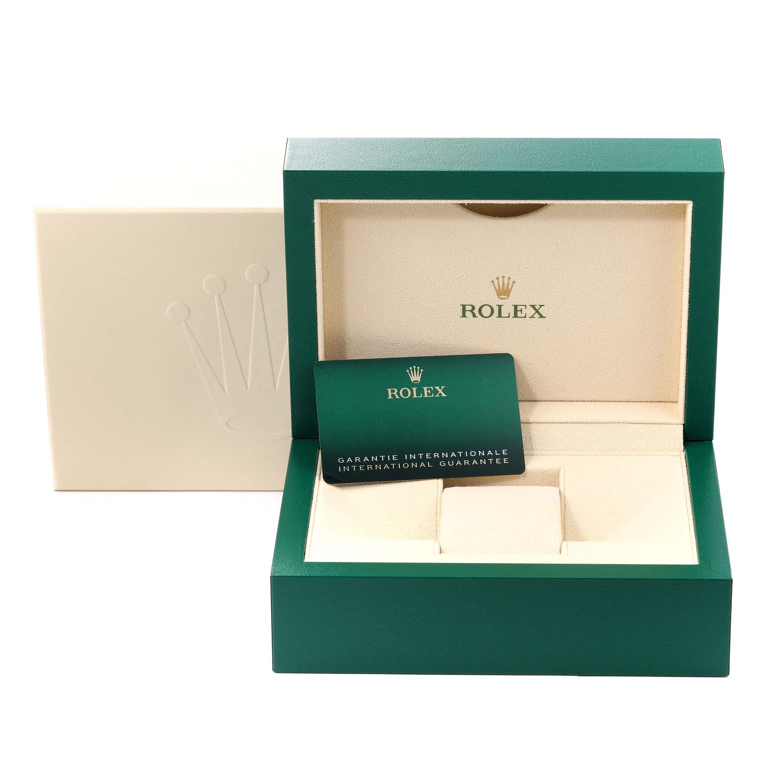 The image shows the opened green and cream-colored box for the Rolex Datejust 41 126333 Men's Steel and Gold (two tone) Grey Dial 126333 Men's Steel and Gold (two tone) Grey Dial watch, along with the international guarantee card.