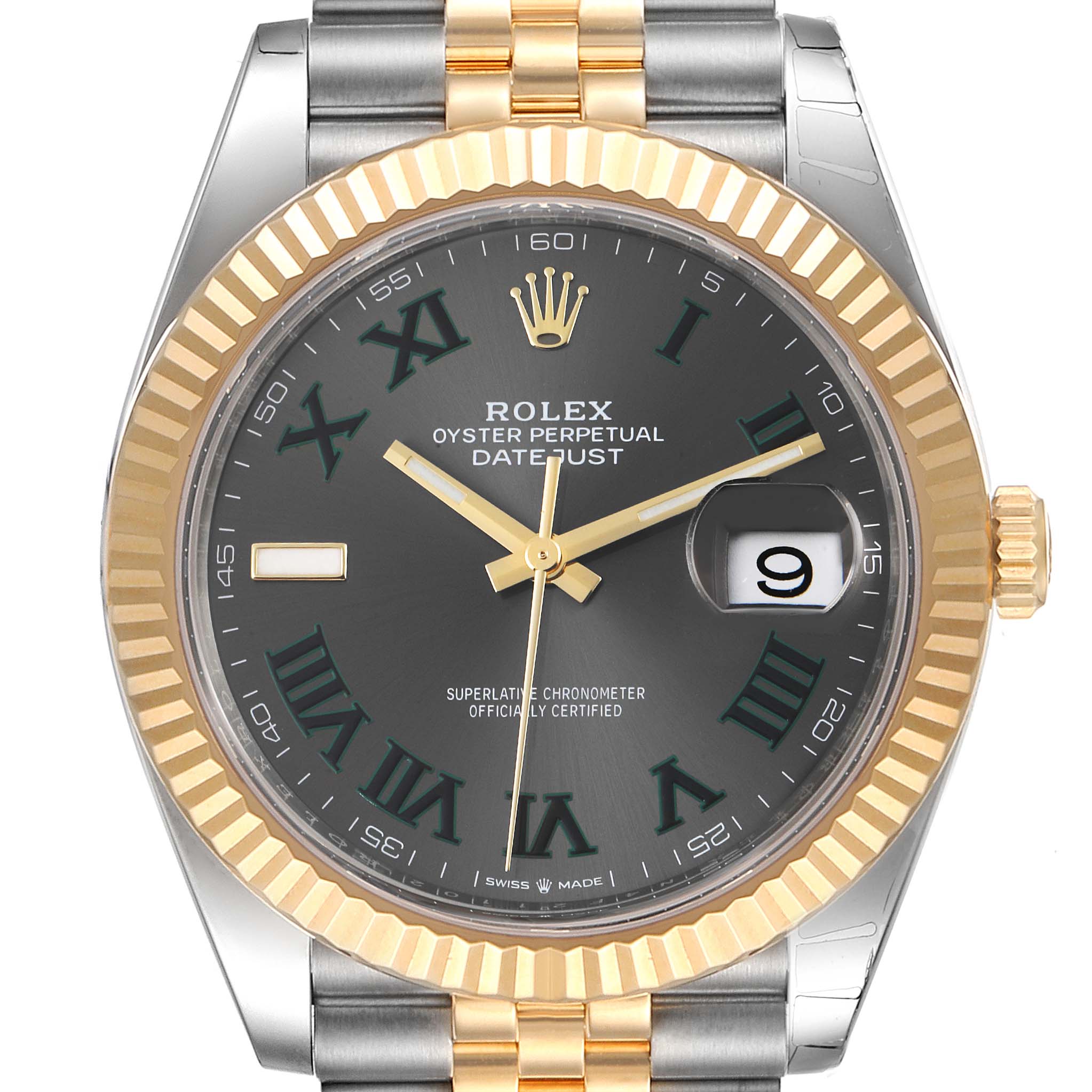 This image shows a front view of the Rolex Datejust 41 126333 Men's Steel and Gold (two tone) Grey Dial 126333 Men's Steel and Gold (two tone) Grey Dial watch, highlighting the dial, bezel, and part of the band.