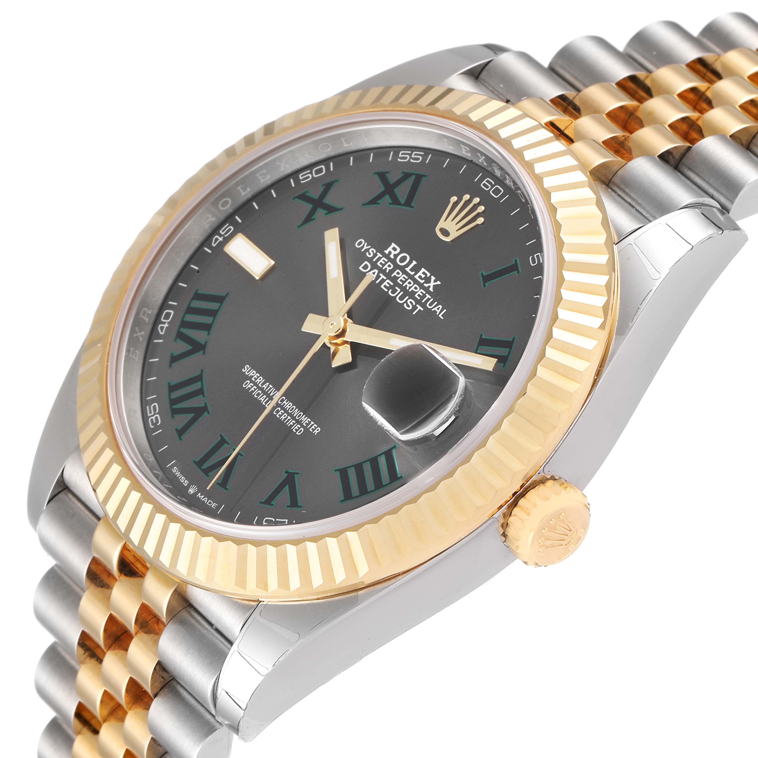 This image shows a Rolex Datejust 41 126333 Men's Steel and Gold (two tone) Grey Dial 126333 Men's Steel and Gold (two tone) Grey Dial model at an oblique angle, highlighting the dial, bezel, crown, and part of the bracelet.