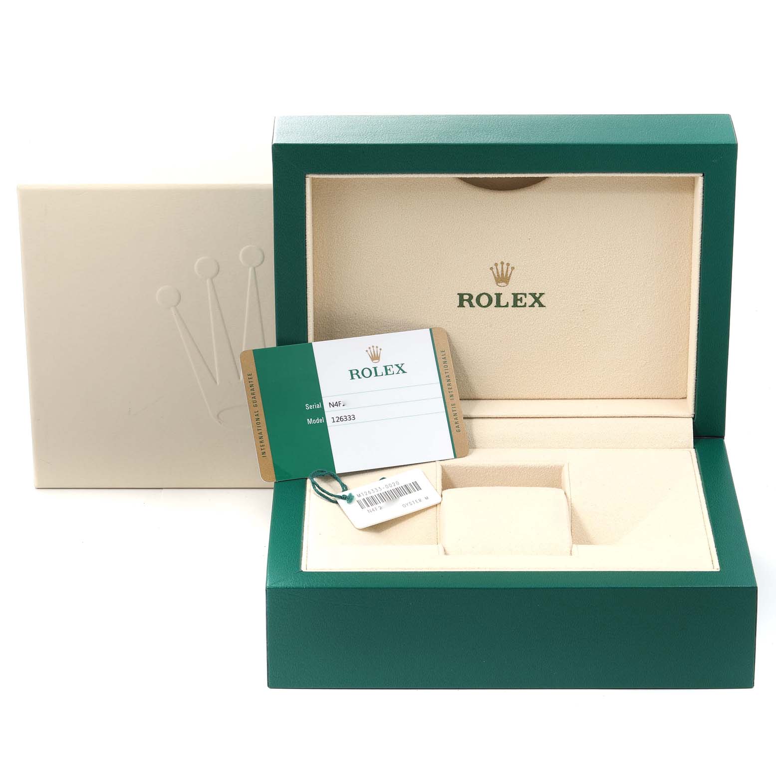 This image shows the box, tags, and warranty card for the Rolex Datejust 41 126333 Men's Steel and Gold (two tone) Grey Dial 126333 Men's Steel and Gold (two tone) Grey Dial model.