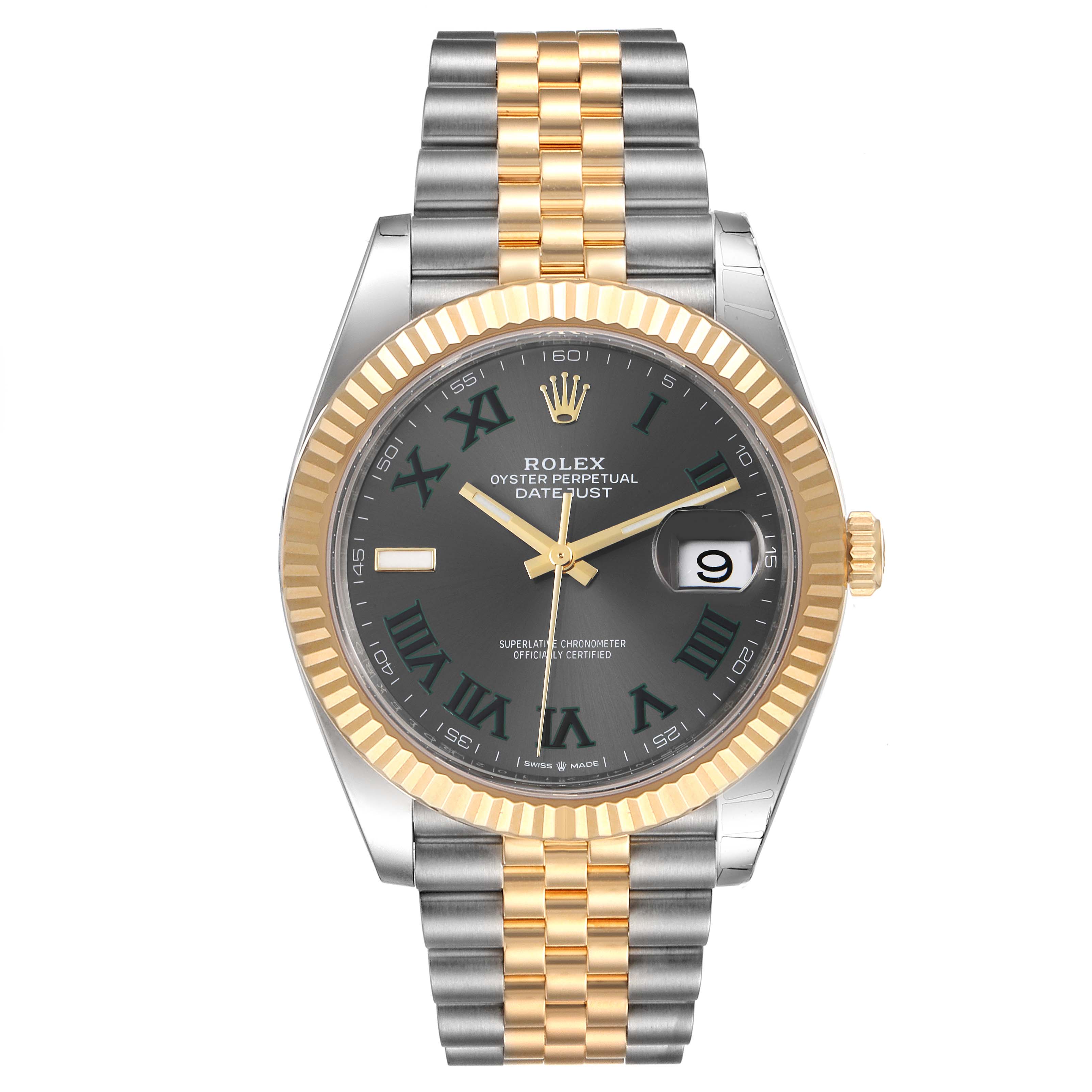 The image shows a frontal view of the Rolex Datejust 41 126333 Men's Steel and Gold (two tone) Grey Dial 126333 Men's Steel and Gold (two tone) Grey Dial, displaying the face, bezel, and bracelet.