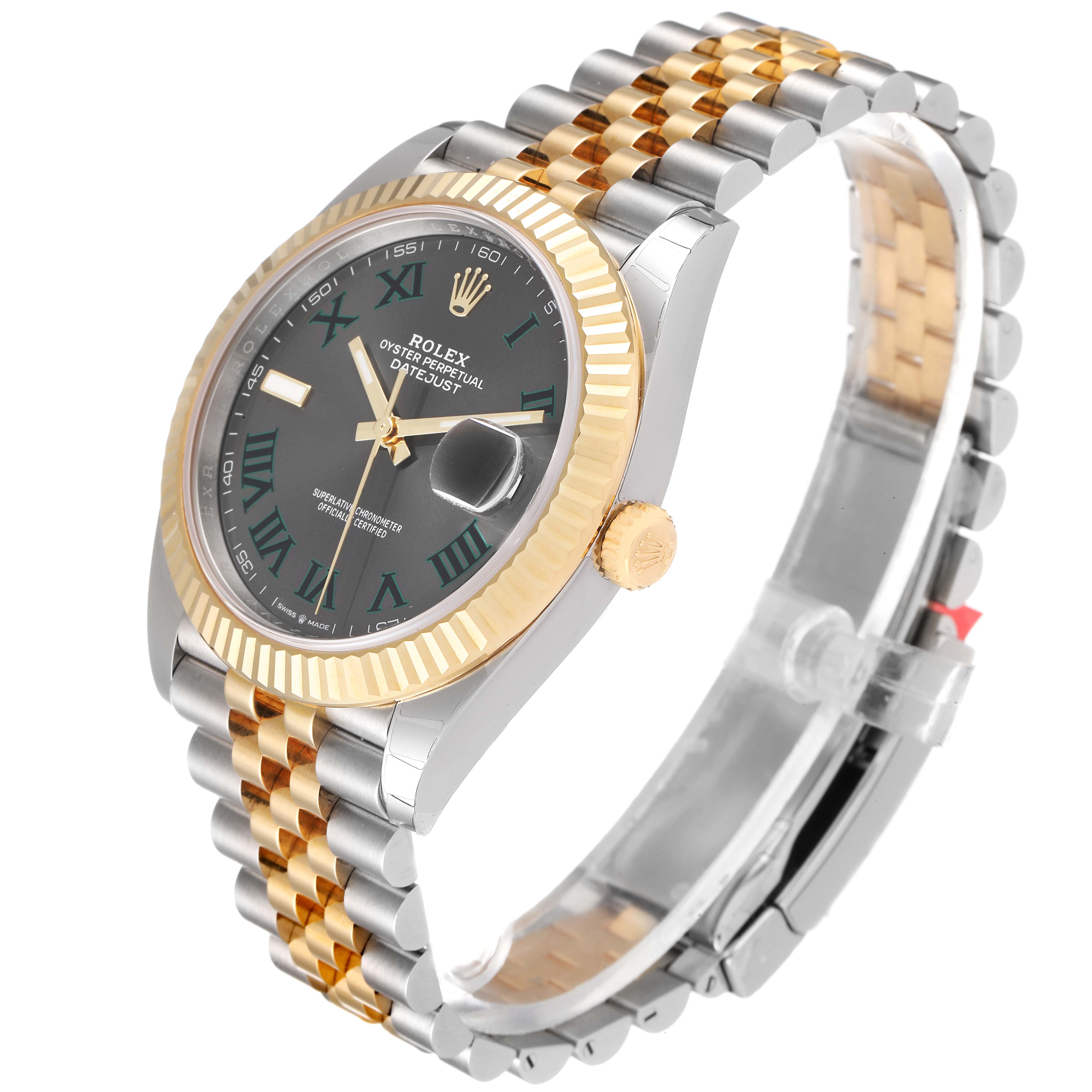 This image shows a Rolex Datejust 41 126333 Men's Steel and Gold (two tone) Grey Dial 126333 Men's Steel and Gold (two tone) Grey Dial watch from a 3/4 angle, highlighting its two-tone bracelet, fluted bezel, and dark dial.
