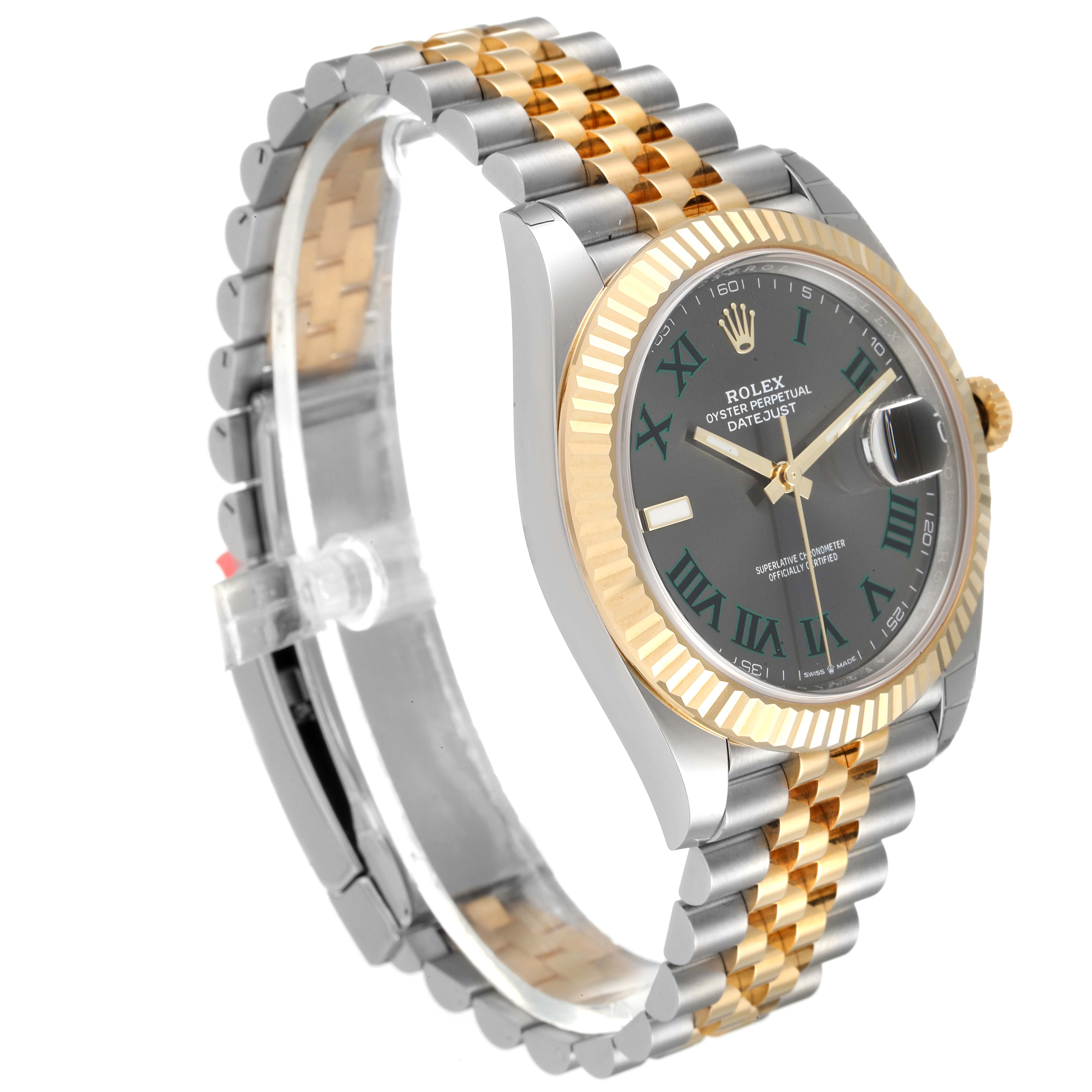 The Rolex Datejust 41 126333 Men's Steel and Gold (two tone) Grey Dial 126333 Men's Steel and Gold (two tone) Grey Dial watch is shown from an angled front view, highlighting the face, fluted bezel, and two-tone bracelet.