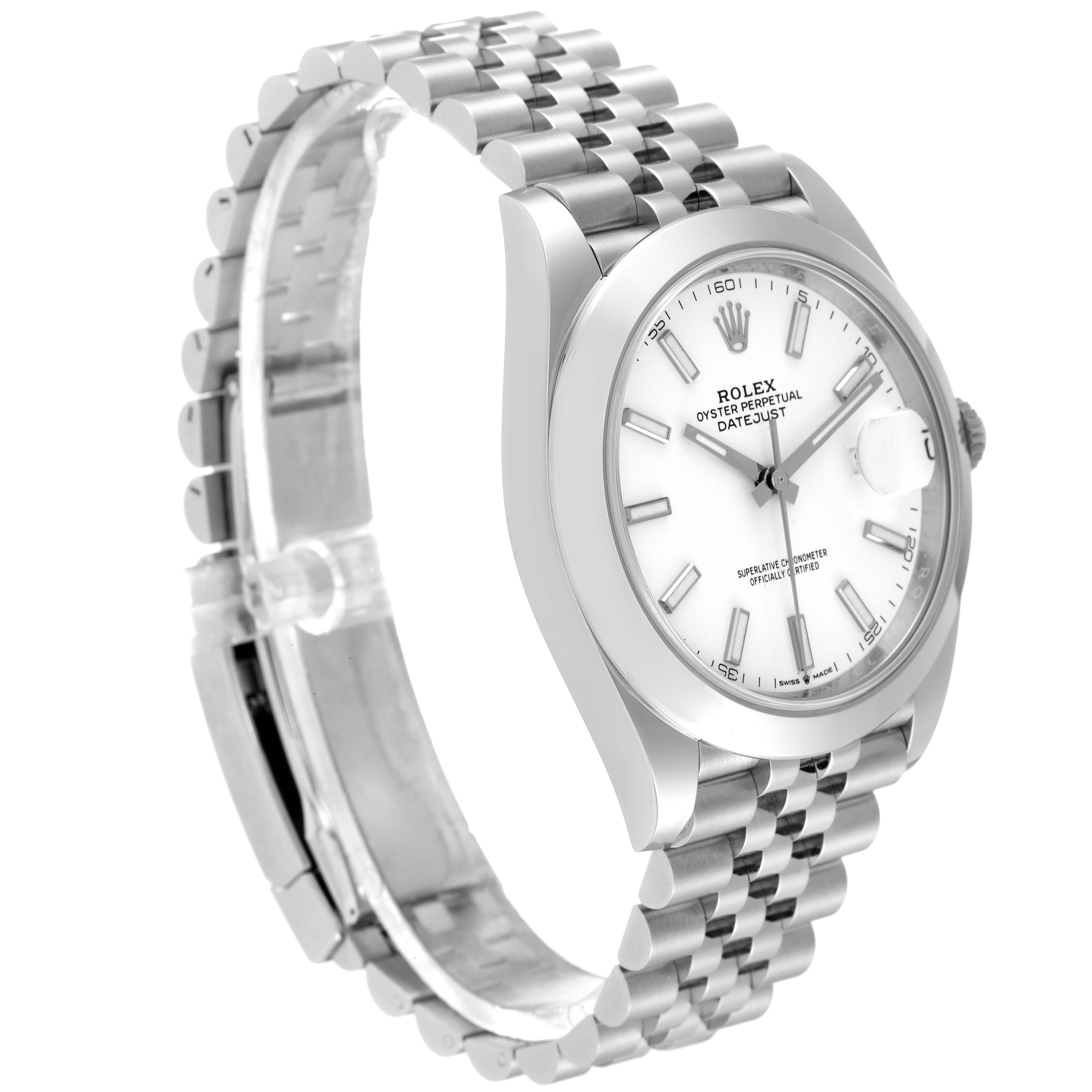 The image shows a side view of the Rolex Datejust 41 126300 Men's Stainless Steel White Dial 126300 Men's Stainless Steel White Dial model, displaying the bracelet and dial.