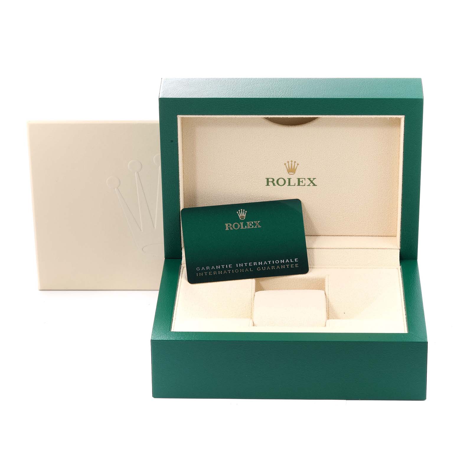 The image shows the open box of a Rolex Datejust 41 126300 Men's Stainless Steel White Dial 126300 Men's Stainless Steel White Dial watch displaying the international guarantee card.
