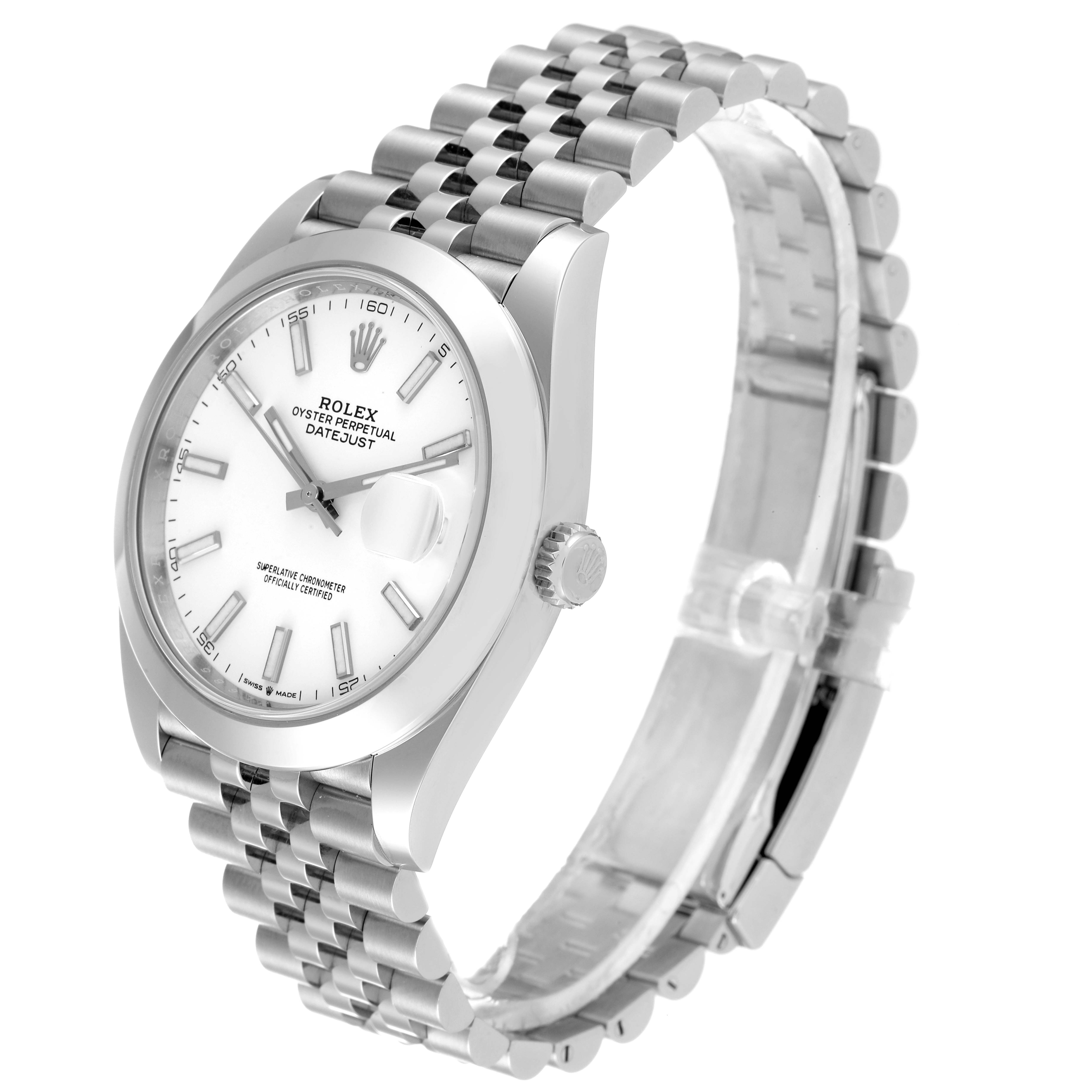 The Rolex Datejust 41 126300 Men's Stainless Steel White Dial 126300 Men's Stainless Steel White Dial is shown at a slight angle, displaying the face, bezel, bracelet, and crown.