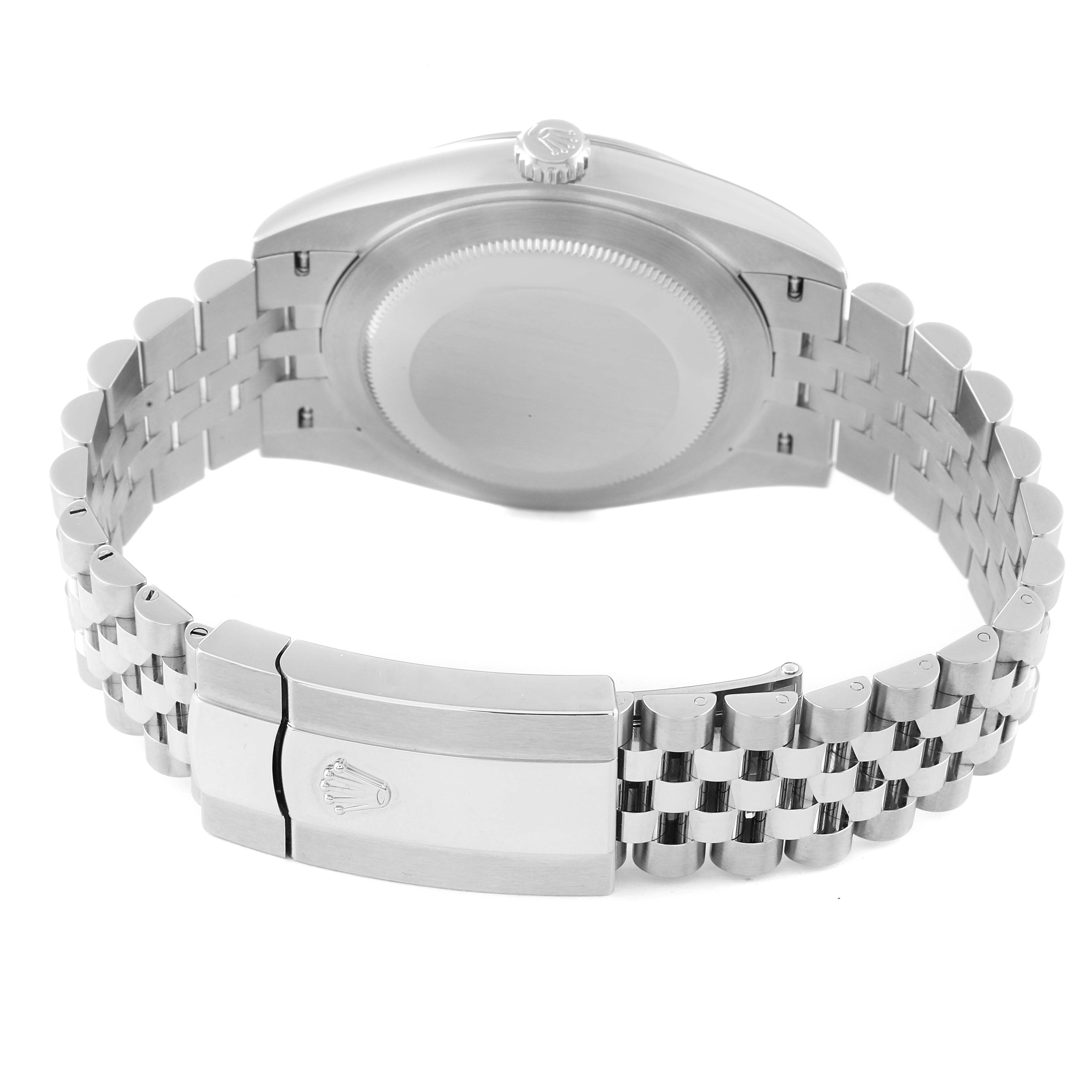 This image shows the back view of a Rolex Datejust 41 126300 Men's Stainless Steel White Dial 126300 Men's Stainless Steel White Dial, highlighting its case back and Jubilee bracelet with a Rolex clasp.