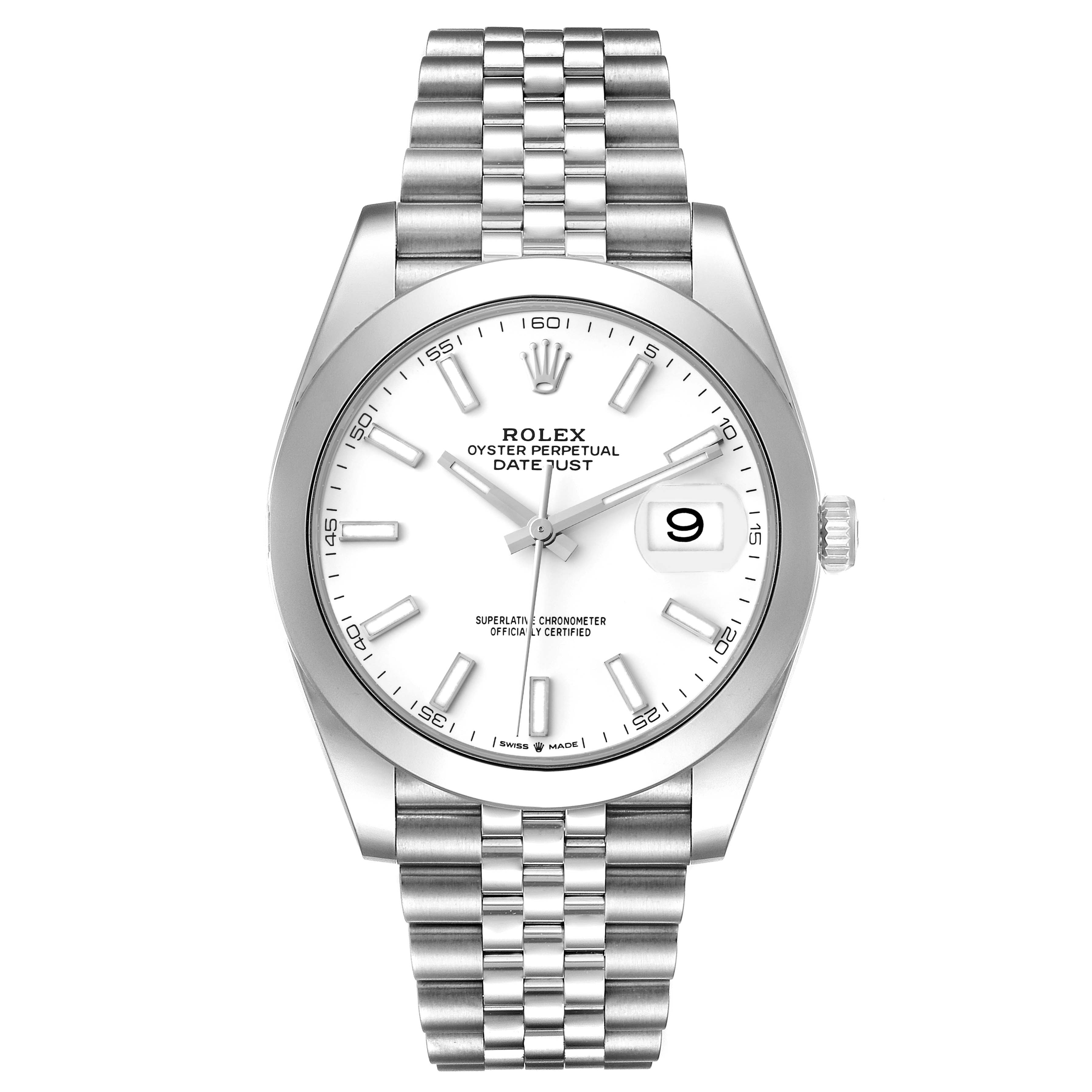 This is a front view of a Rolex Datejust 41 126300 Men's Stainless Steel White Dial 126300 Men's Stainless Steel White Dial watch, showing the dial, bezel, hands, bracelet, and date magnifier.