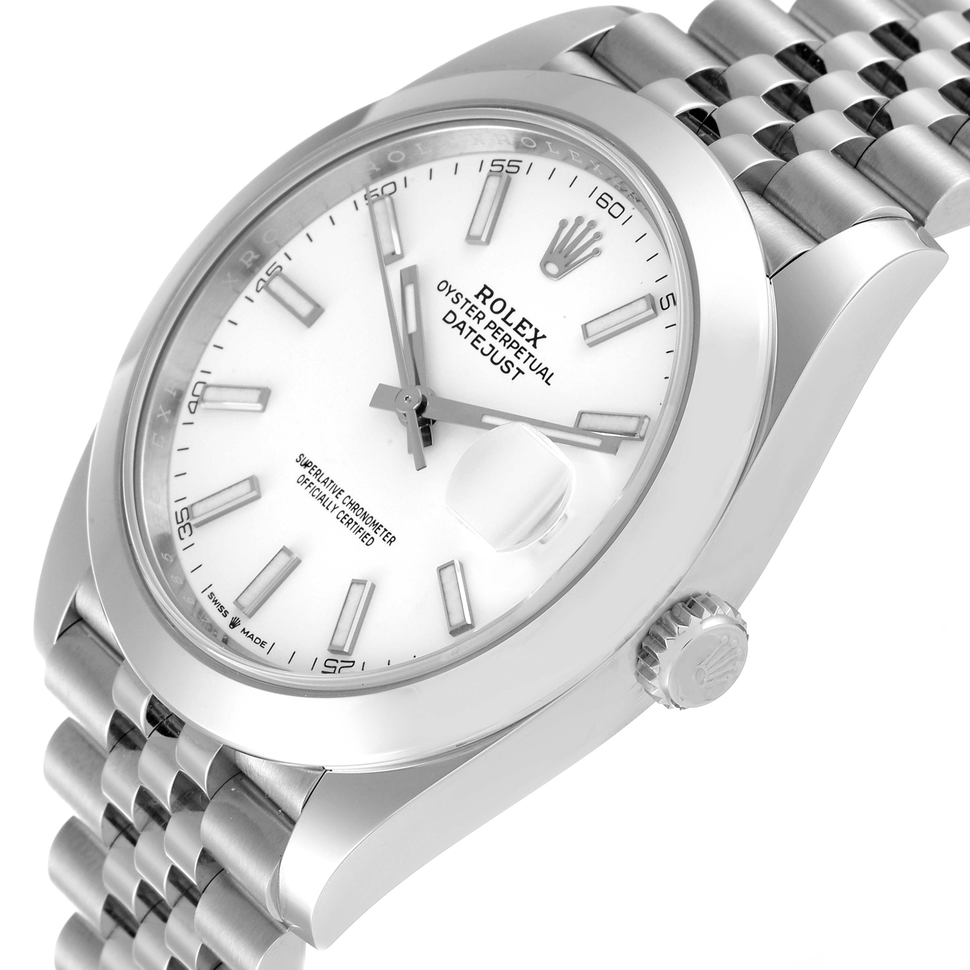 The image shows a slight angled close-up of the Rolex Datejust 41 126300 Men's Stainless Steel White Dial 126300 Men's Stainless Steel White Dial, highlighting the dial, crown, and part of the bracelet.