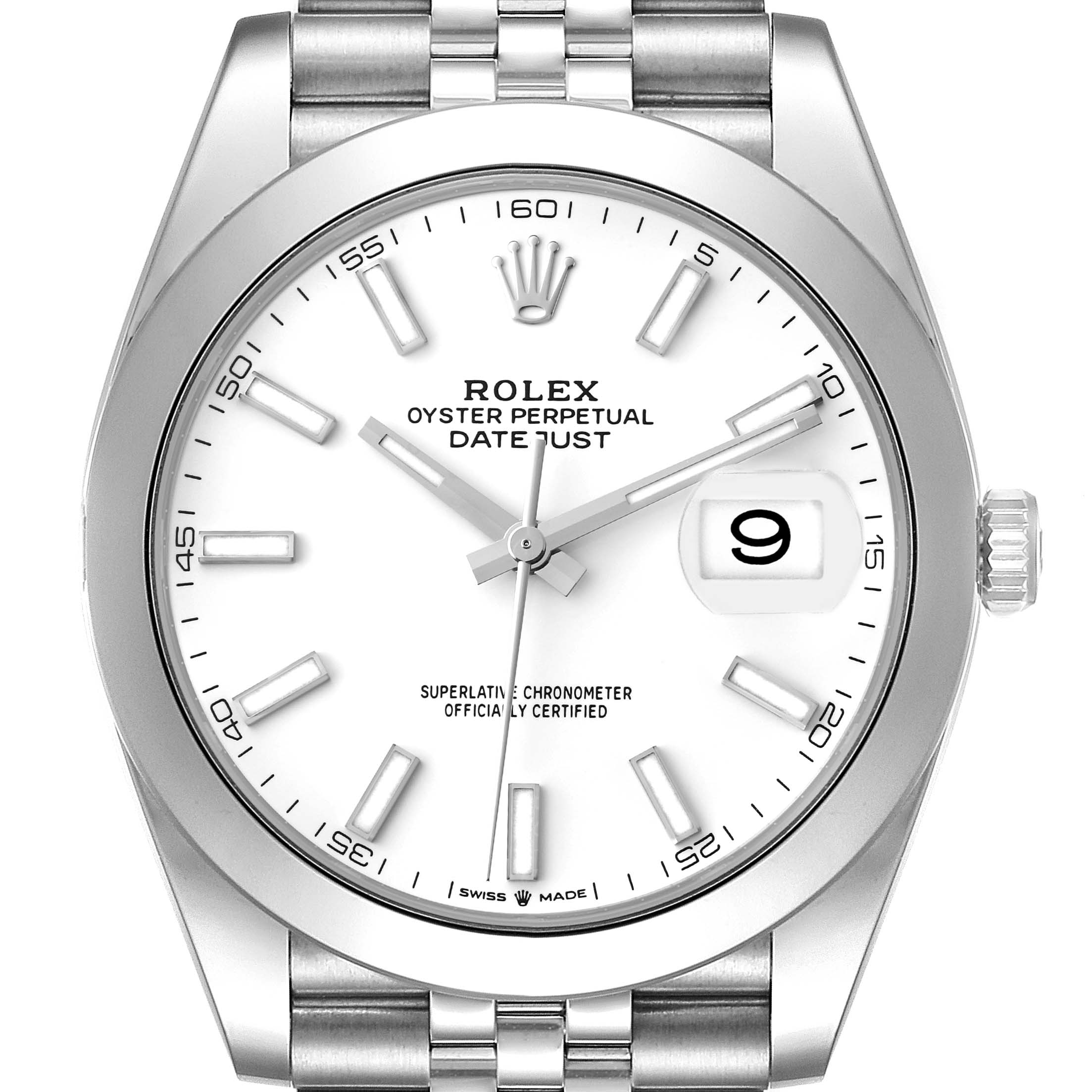 The image shows a front view of a Rolex Datejust 41 126300 Men's Stainless Steel White Dial 126300 Men's Stainless Steel White Dial watch, displaying its white dial, metal bracelet, hands, and date window at 3 o'clock.