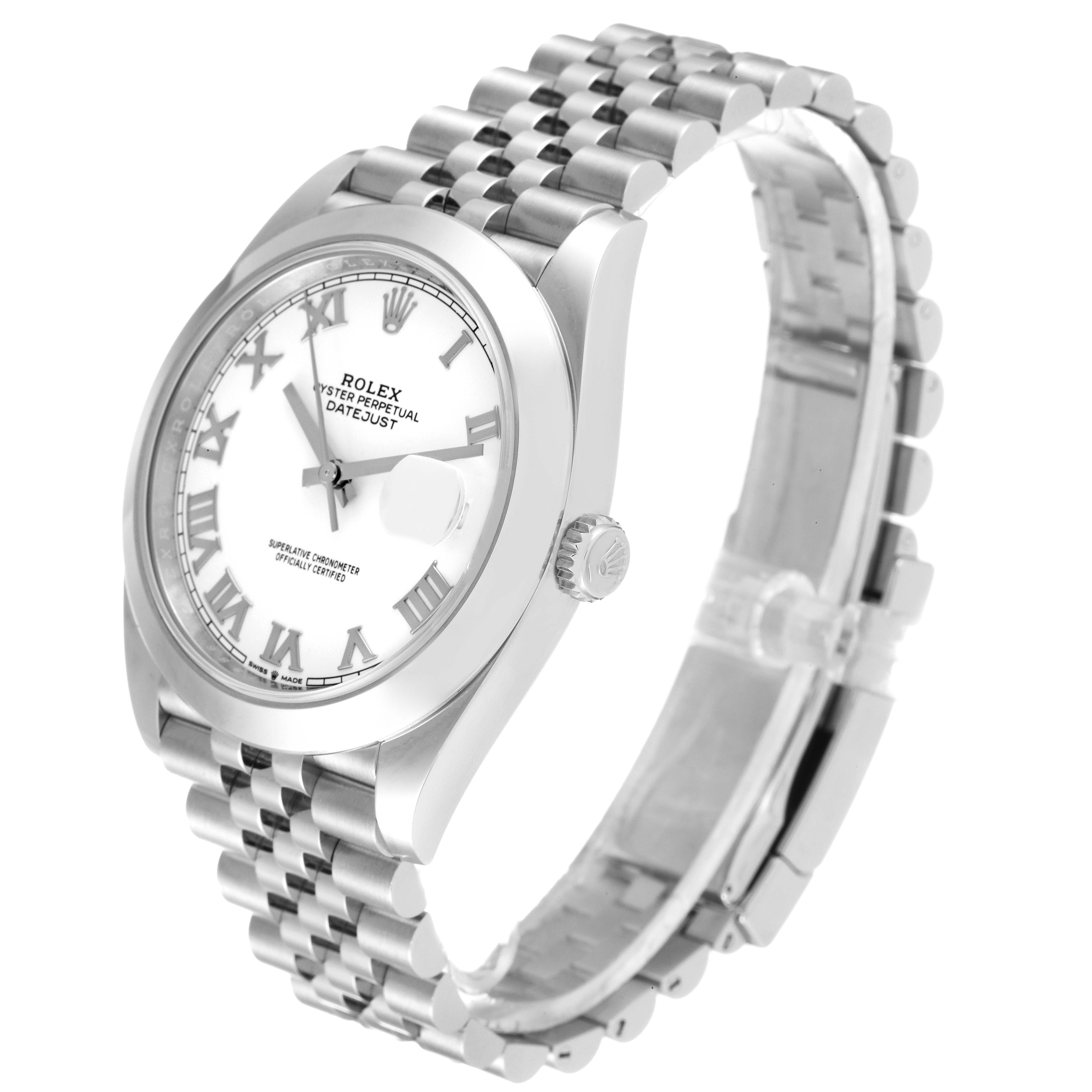 The Rolex Datejust 41 126300 Men's Stainless Steel White Dial 126300 Men's Stainless Steel White Dial watch is shown at an angle displaying the face, bezel, and part of the Jubilee bracelet.