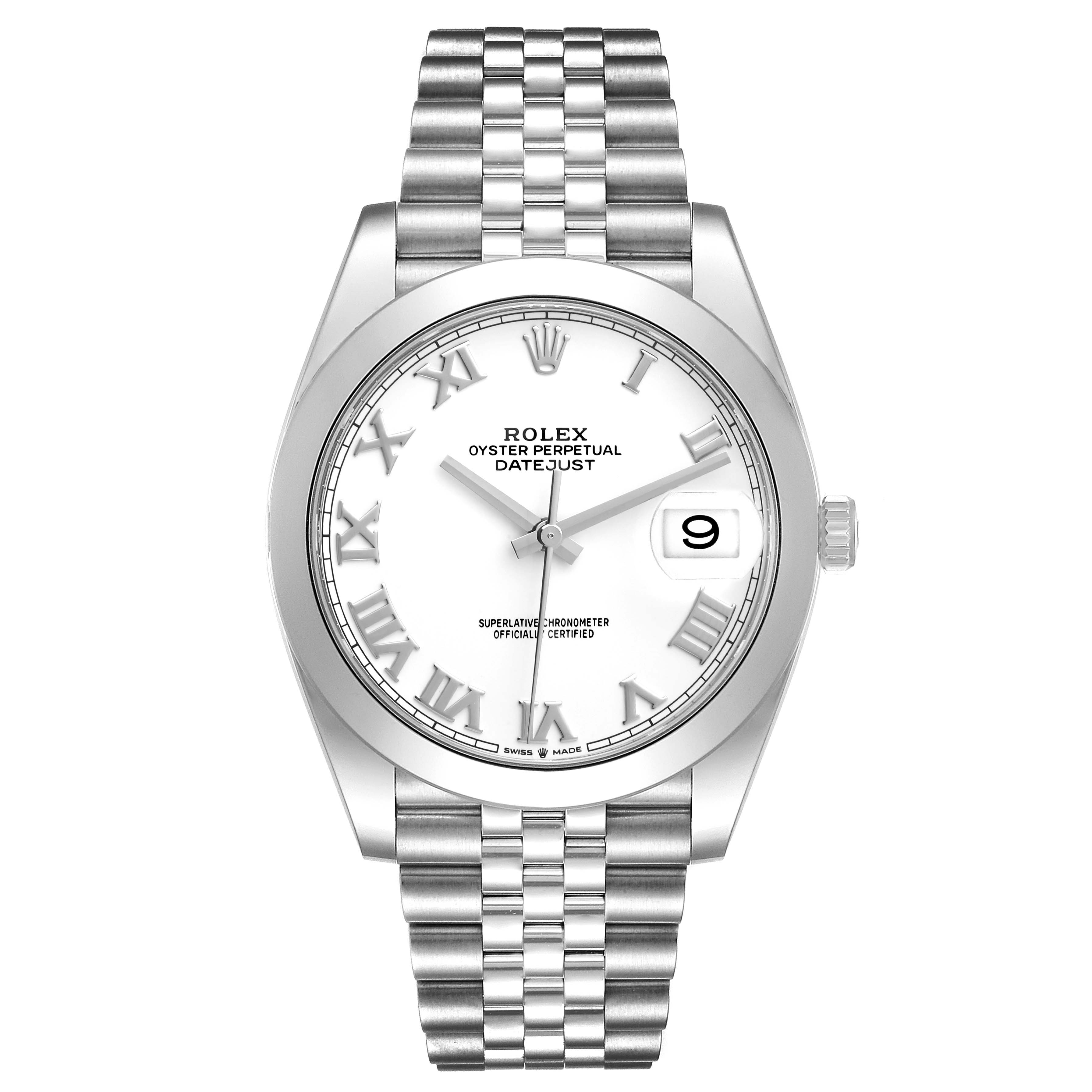 The image shows a front view of the Rolex Datejust 41 126300 Men's Stainless Steel White Dial 126300 Men's Stainless Steel White Dial watch, featuring its dial, hands, date window, and bracelet.