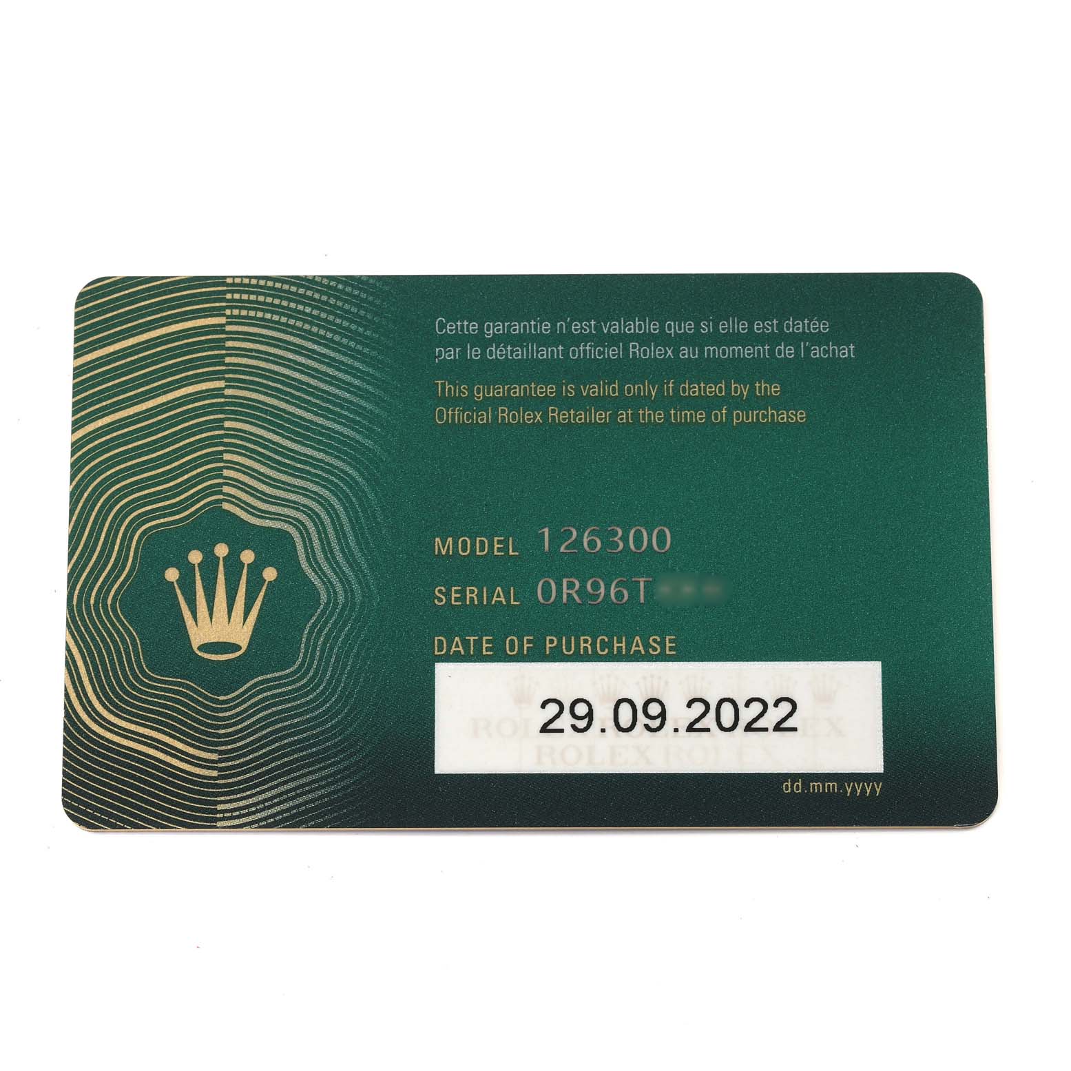 The image shows a warranty card for a Rolex Datejust 41 126300 Men's Stainless Steel White Dial 126300 Men's Stainless Steel White Dial model, displaying the model number 126300 and the date of purchase.