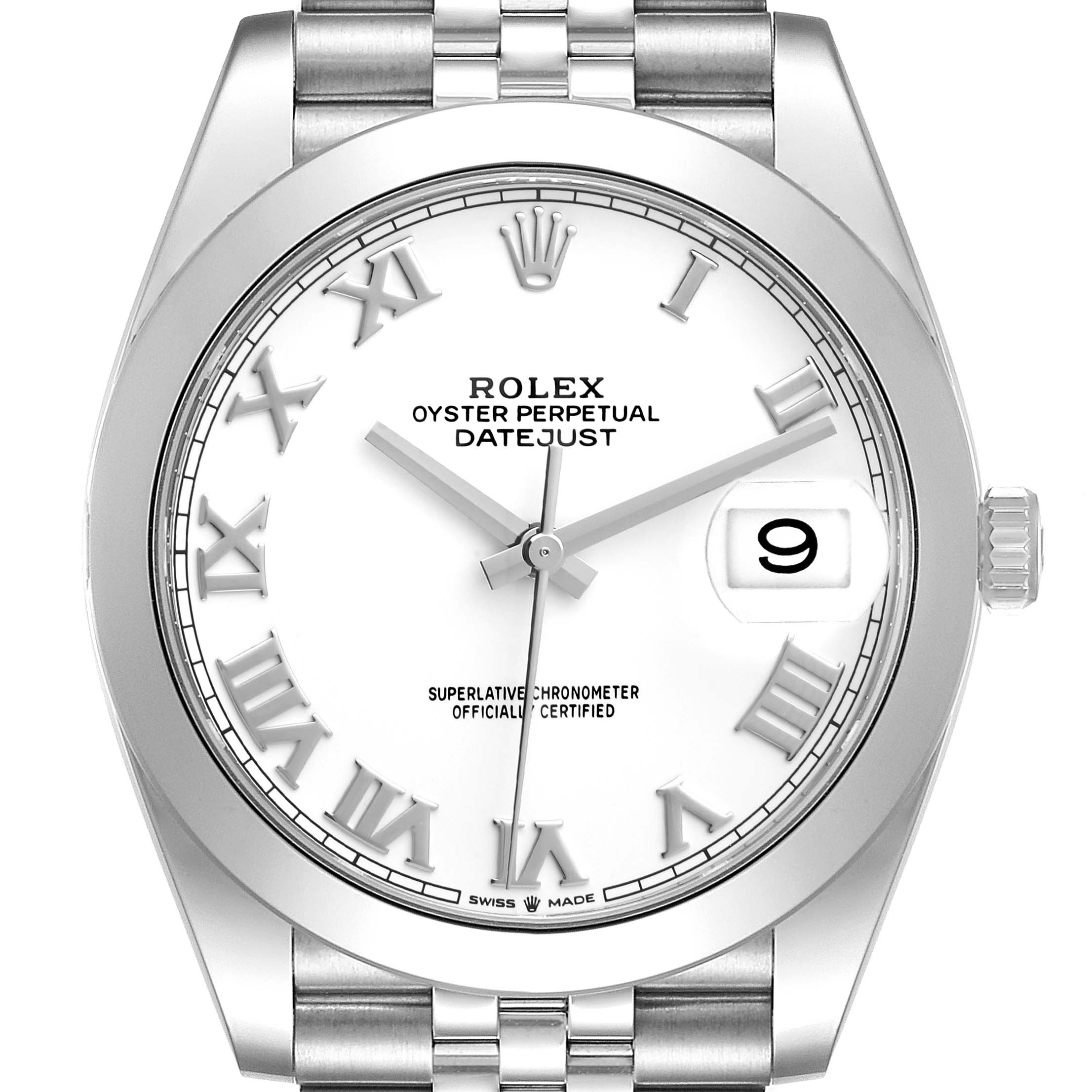 This image shows a frontal view of a Rolex Datejust 41 126300 Men's Stainless Steel White Dial 126300 Men's Stainless Steel White Dial watch, displaying its face, bezel, crown, and part of its bracelet.