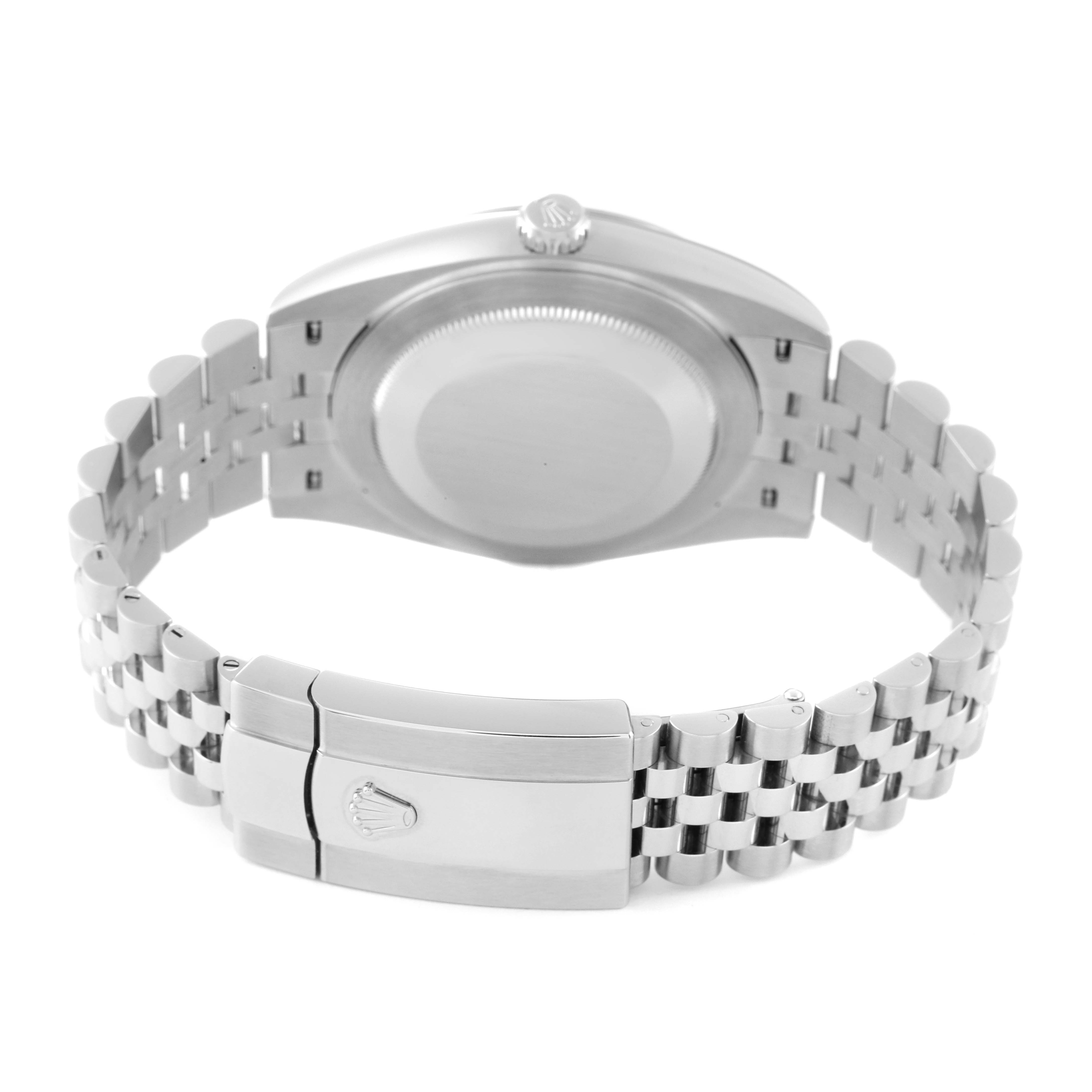 This image shows the back view of the Rolex Datejust 41 126300 Men's Stainless Steel White Dial 126300 Men's Stainless Steel White Dial, highlighting its case back and bracelet with the clasp.
