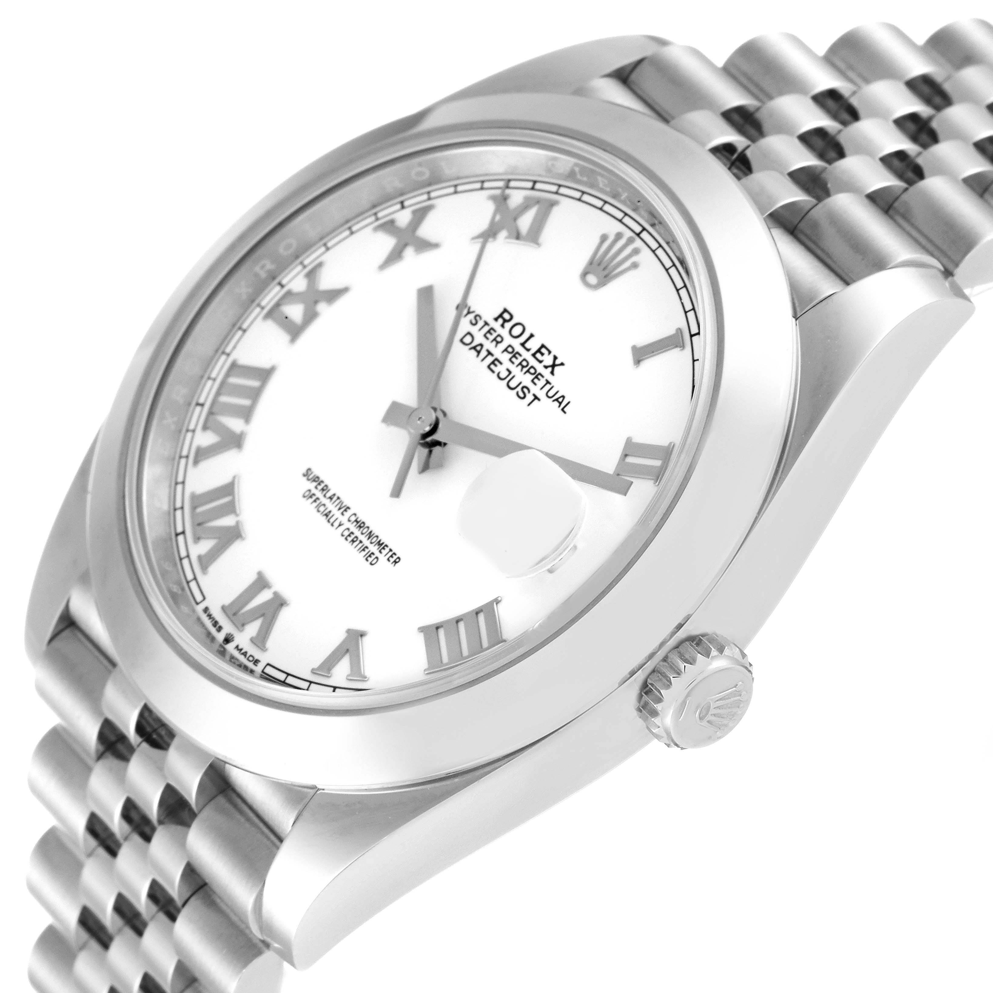 This image shows a close-up, angled view of the face, case, crown, and bracelet of the Rolex Datejust 41 126300 Men's Stainless Steel White Dial 126300 Men's Stainless Steel White Dial watch.