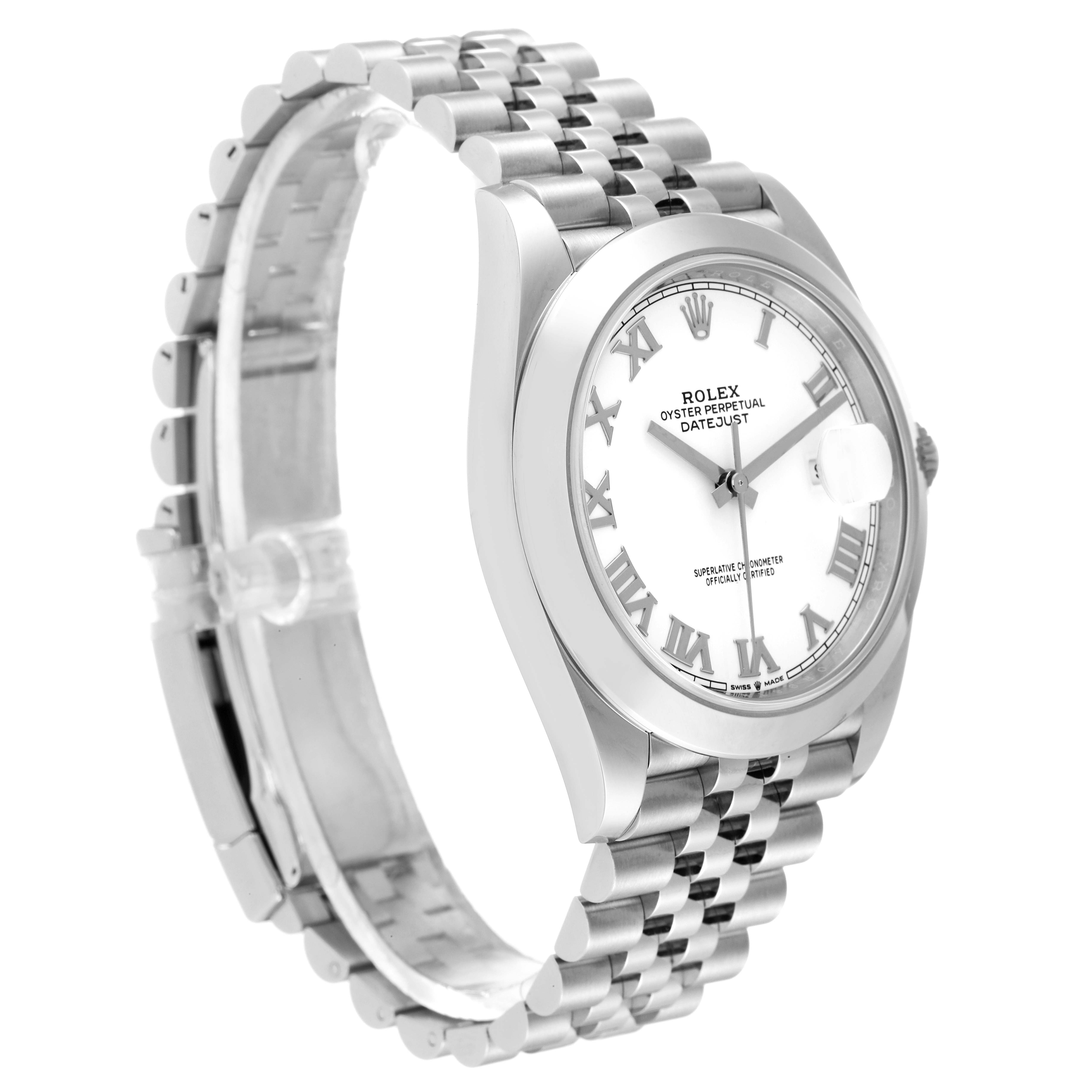 The image shows a right-side angle of a Rolex Datejust 41 126300 Men's Stainless Steel White Dial 126300 Men's Stainless Steel White Dial watch, including the dial, bezel, and bracelet.