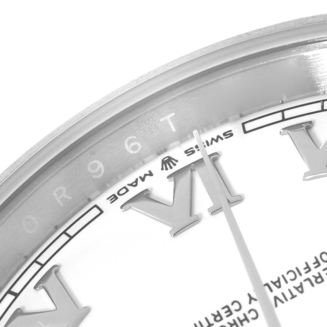 The image shows a close-up of the dial edge, Roman numerals, and second hand of a Rolex Datejust 41 126300 Men's Stainless Steel White Dial 126300 Men's Stainless Steel White Dial watch.