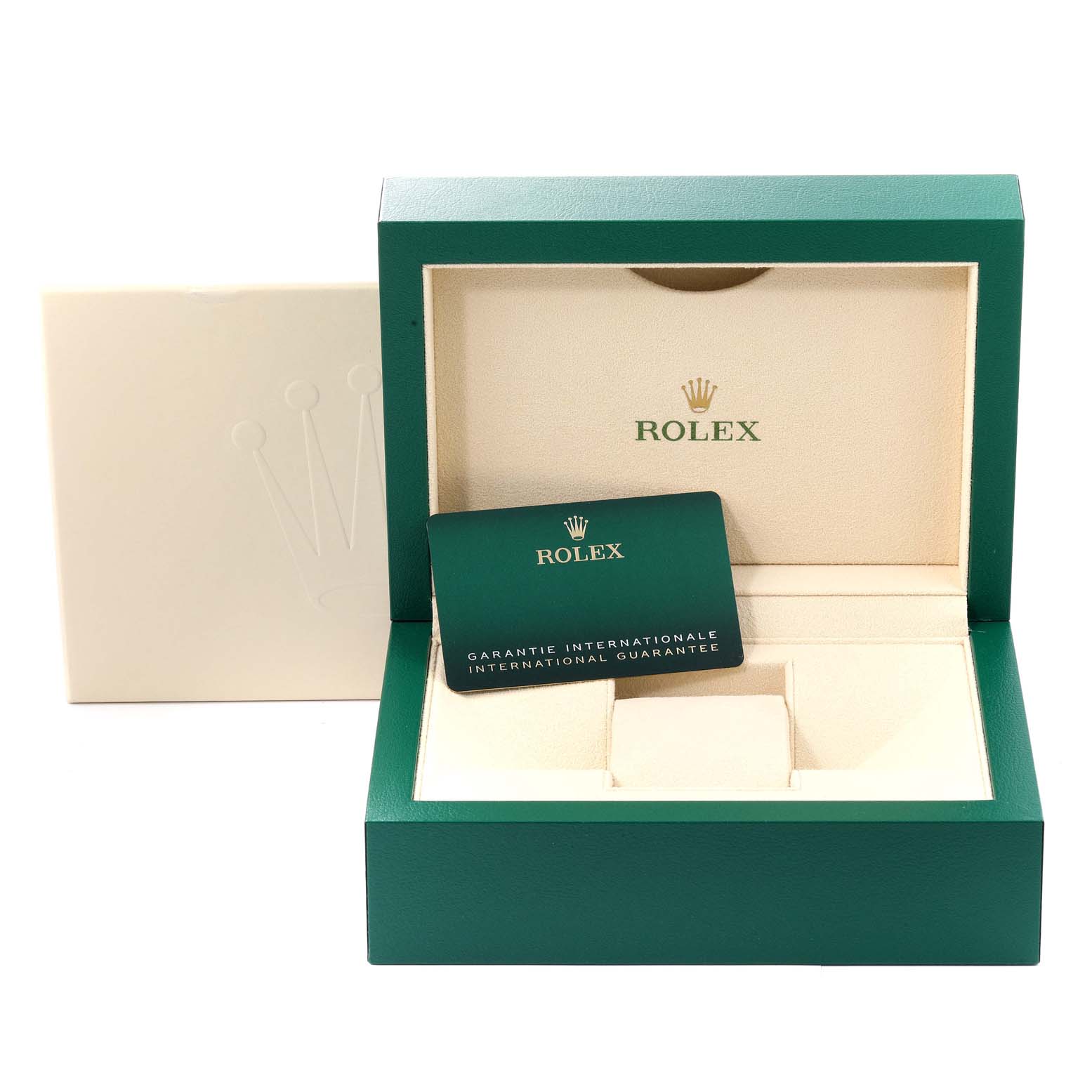 The image shows the packaging and international guarantee card for the Rolex Datejust 41 126300 Men's Stainless Steel White Dial 126300 Men's Stainless Steel White Dial model.