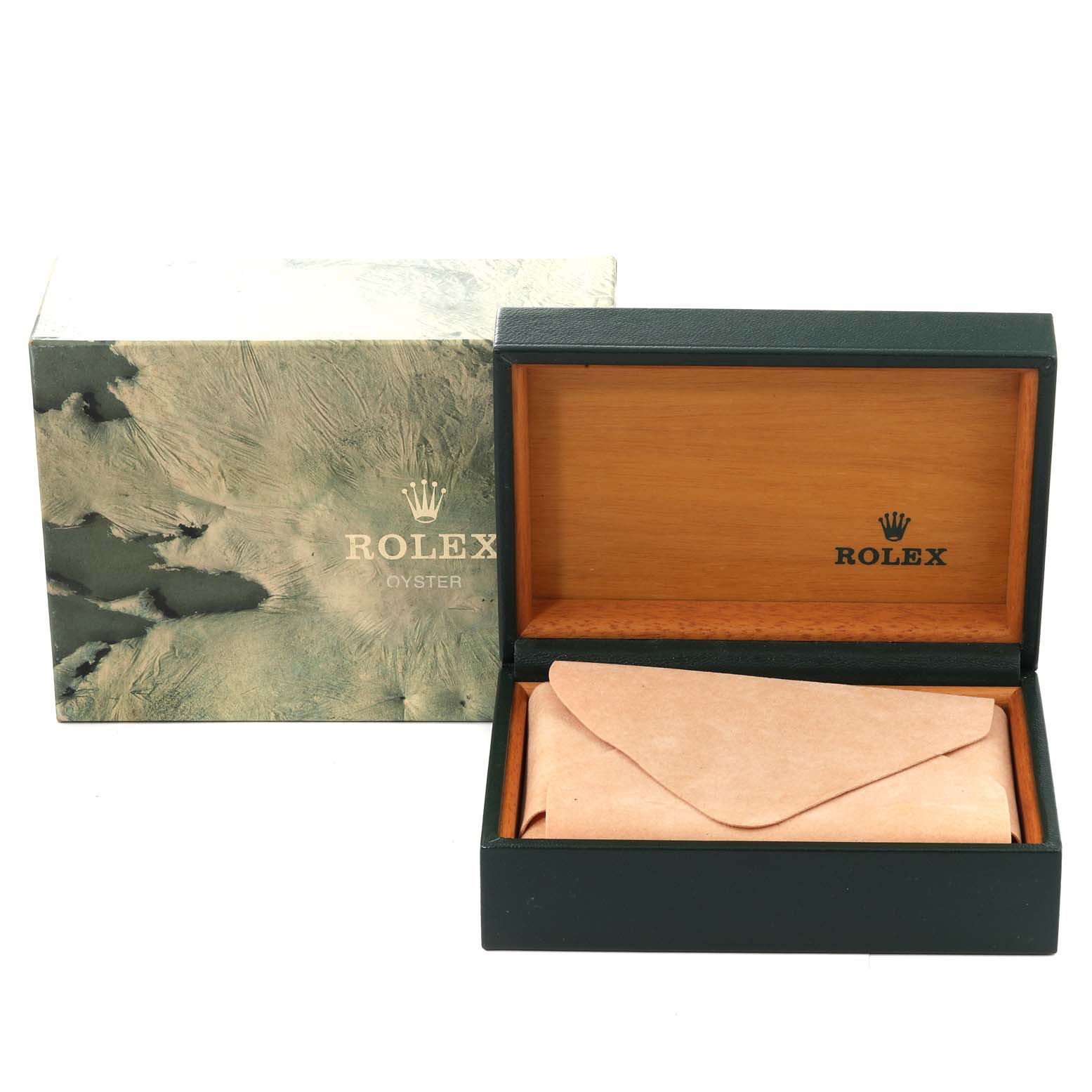 The image shows a Rolex Datejust 16234 Men's Stainless Steel Blue Dial 16234 Men's Stainless Steel Blue Dial model packaging, including an outer box and the inner wooden box with a pouch inside.