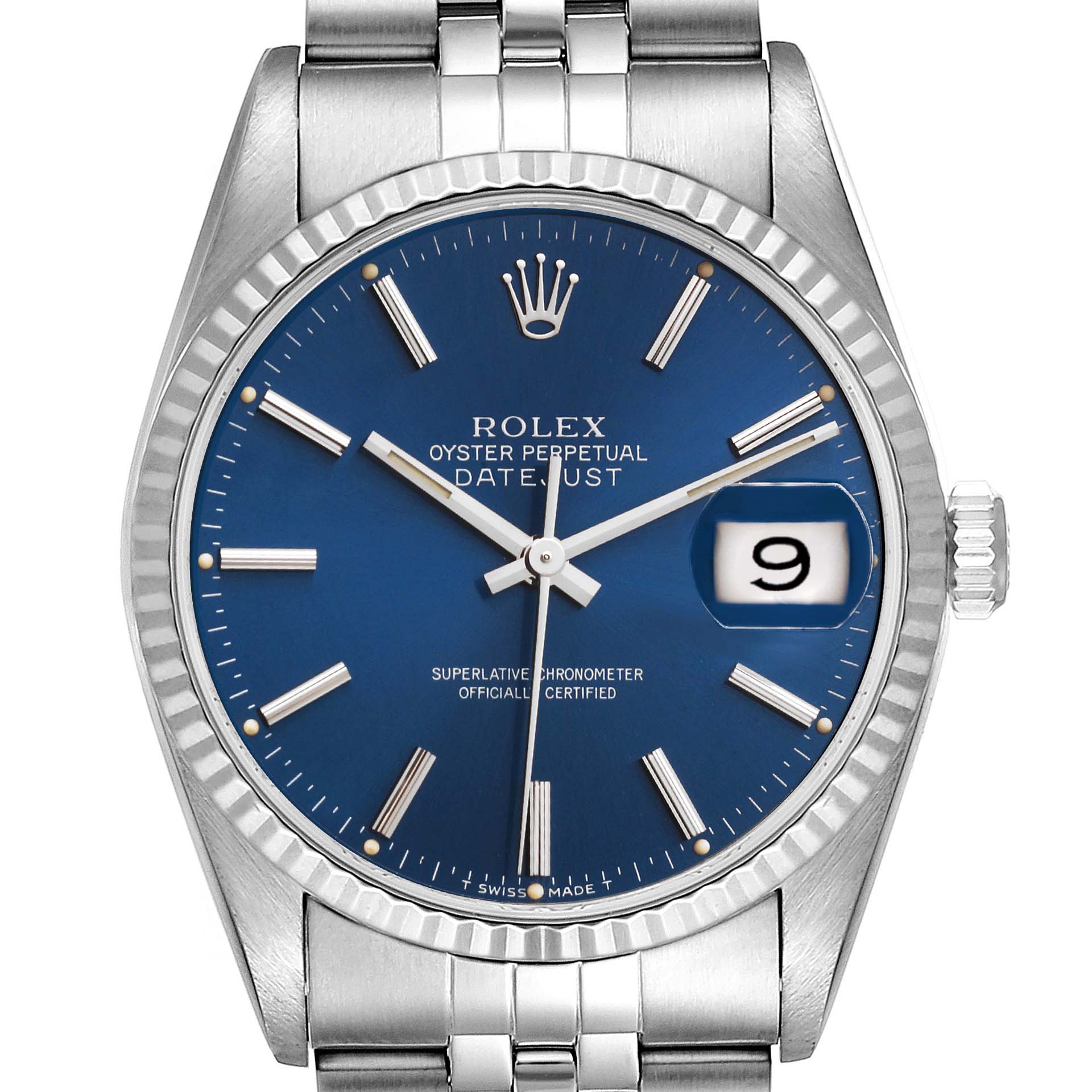 This image shows a front view of the Rolex Datejust 16234 Men's Stainless Steel Blue Dial 16234 Men's Stainless Steel Blue Dial watch, highlighting the blue dial, date window, and stainless steel bracelet.