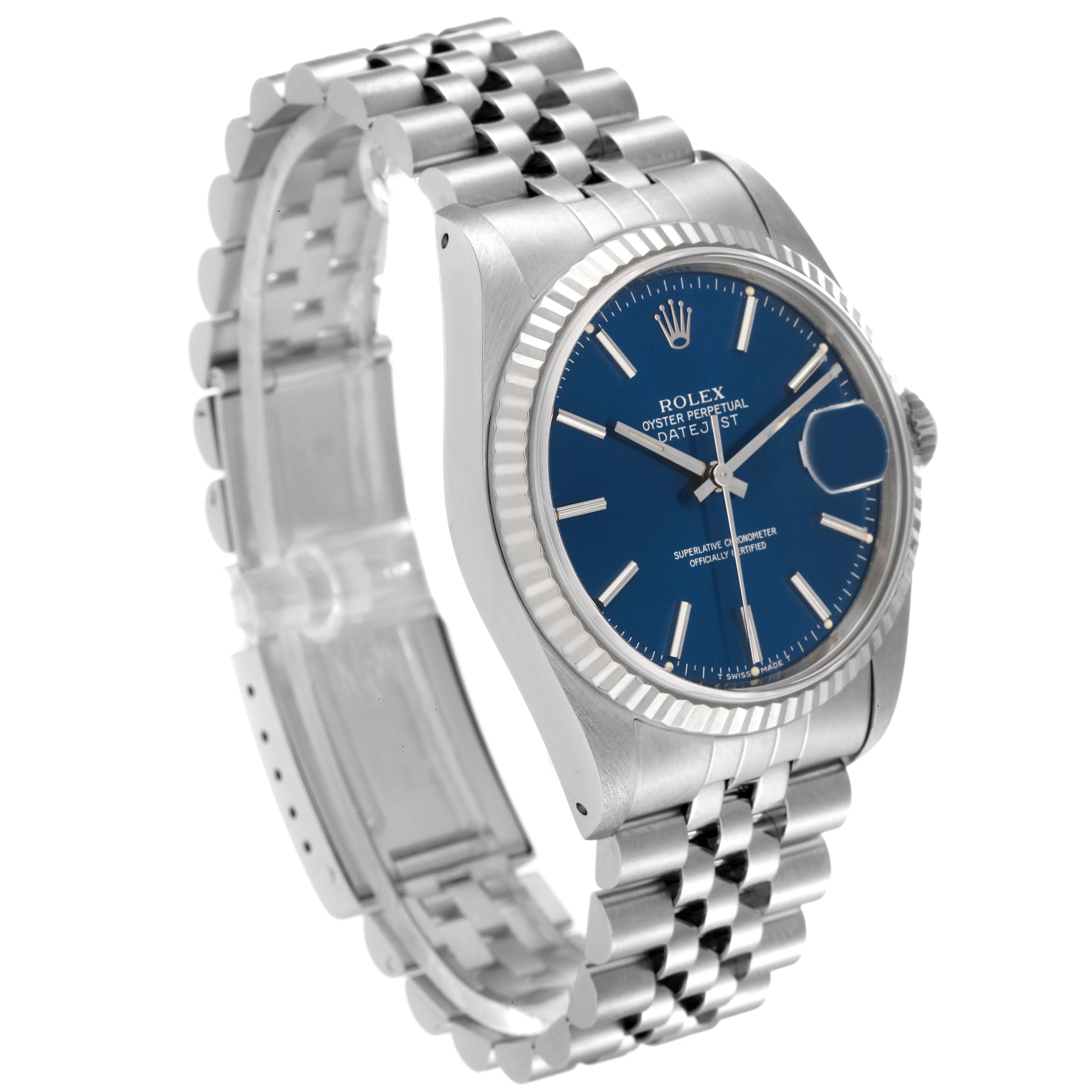 The Rolex Datejust 16234 Men's Stainless Steel Blue Dial 16234 Men's Stainless Steel Blue Dial watch is shown at a front angle, highlighting its blue dial, jubilee bracelet, and fluted bezel.