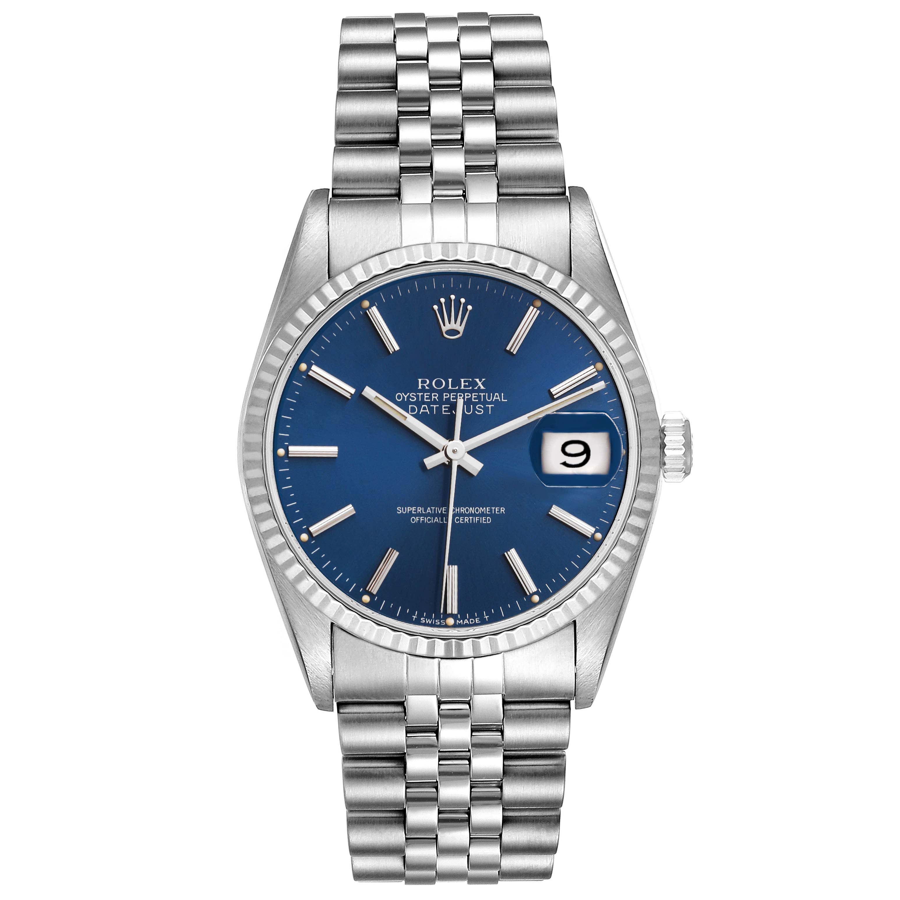 The image shows a Rolex Datejust 16234 Men's Stainless Steel Blue Dial 16234 Men's Stainless Steel Blue Dial watch, view is from the front, displaying the dial, hour markers, date window, bezel, and bracelet.
