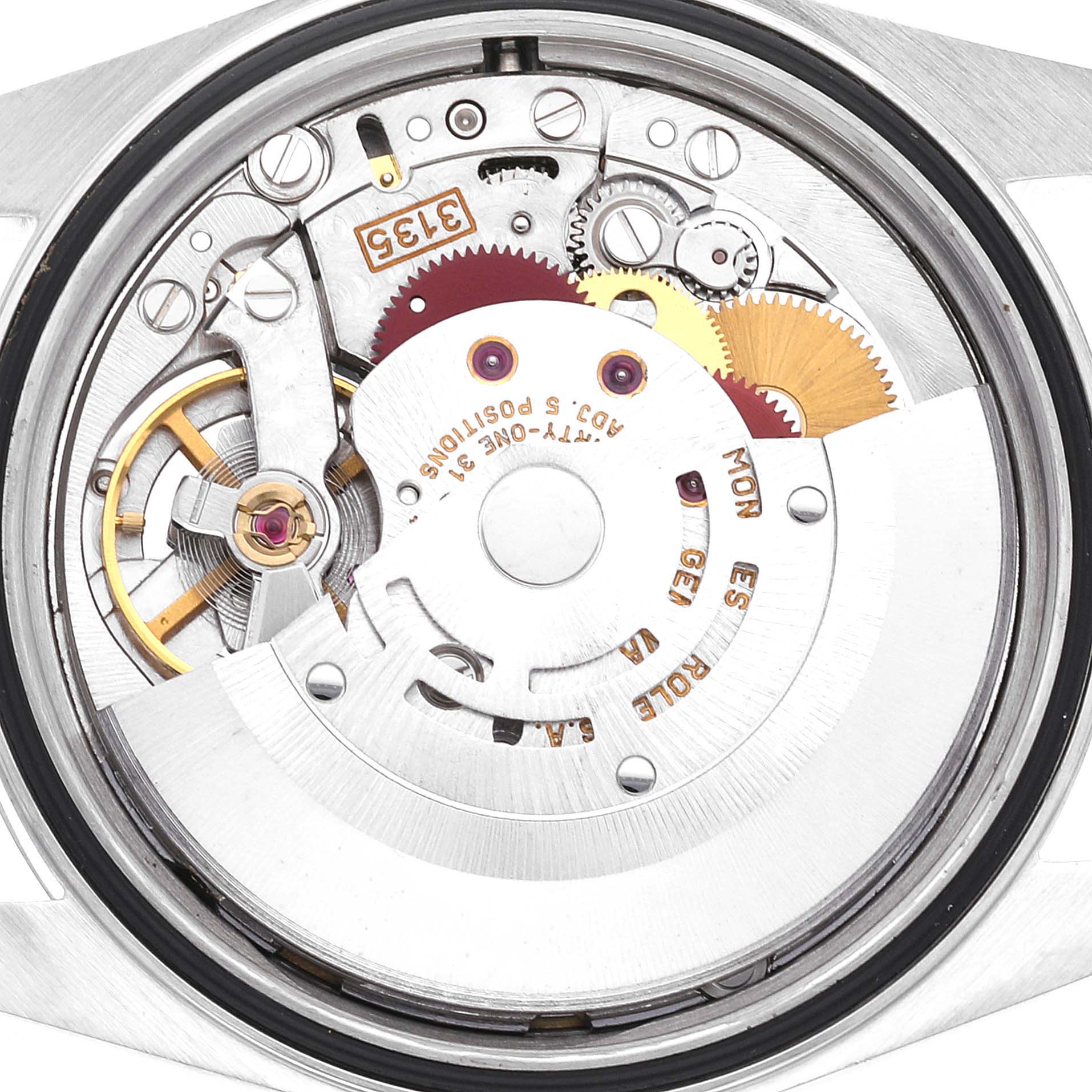 The image shows a close-up view of the movement mechanism of a Datejust model by Rolex.
