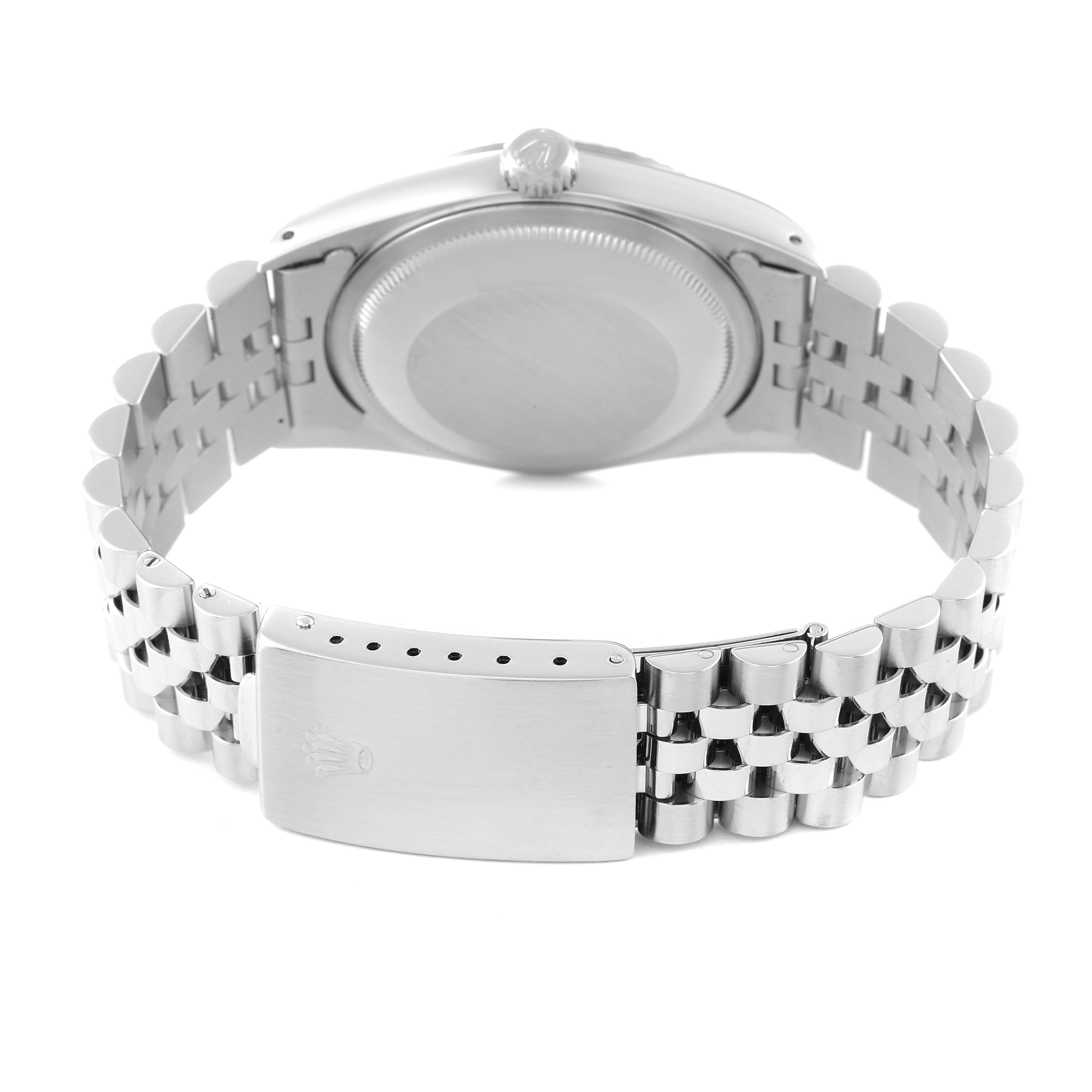 This image shows the backside and bracelet of a Rolex Datejust 16234 Men's Stainless Steel Blue Dial 16234 Men's Stainless Steel Blue Dial watch, featuring a jubilee bracelet and clasp.