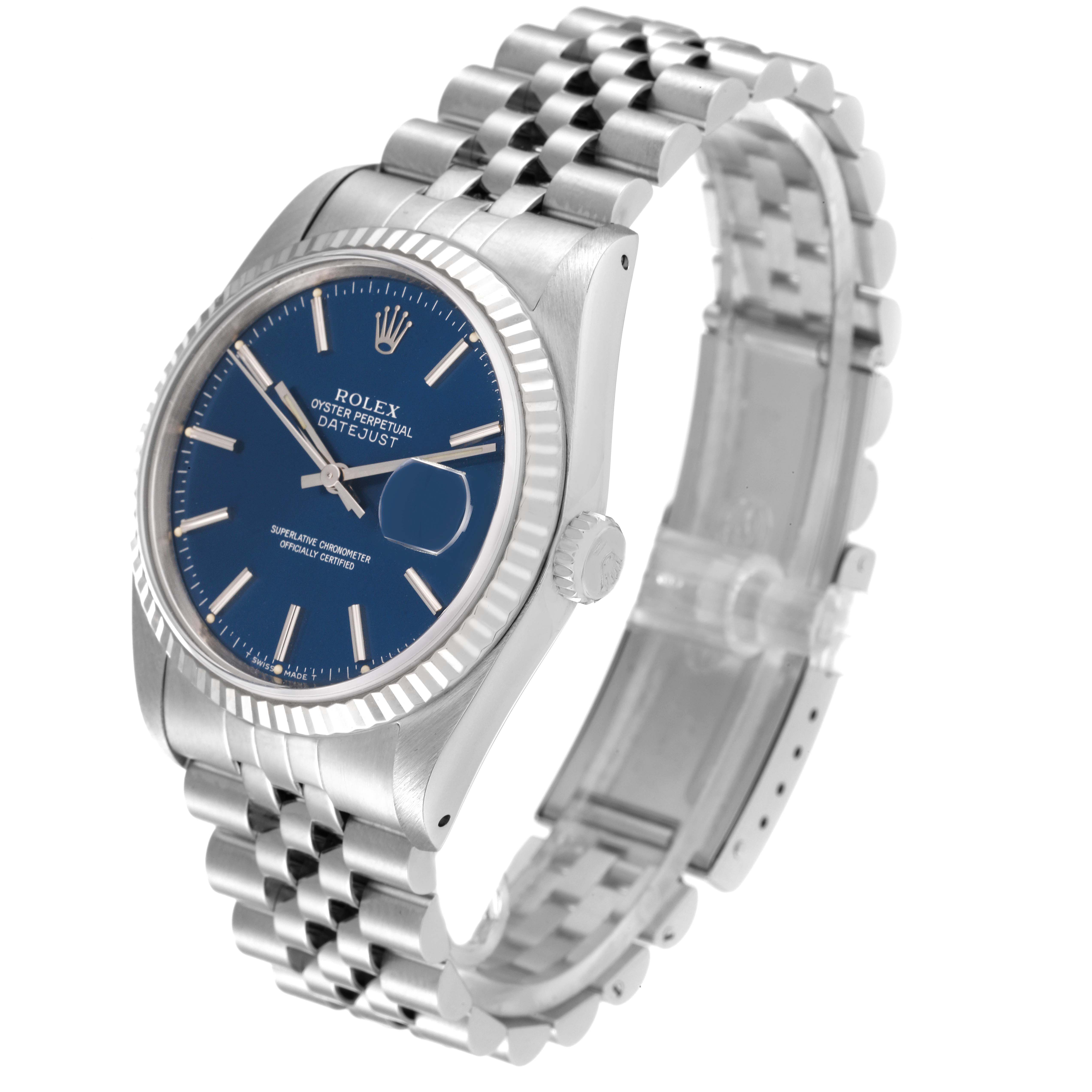 The image shows a Rolex Datejust 16234 Men's Stainless Steel Blue Dial 16234 Men's Stainless Steel Blue Dial watch at an angle highlighting its blue dial, bezel, crown, and Jubilee bracelet.