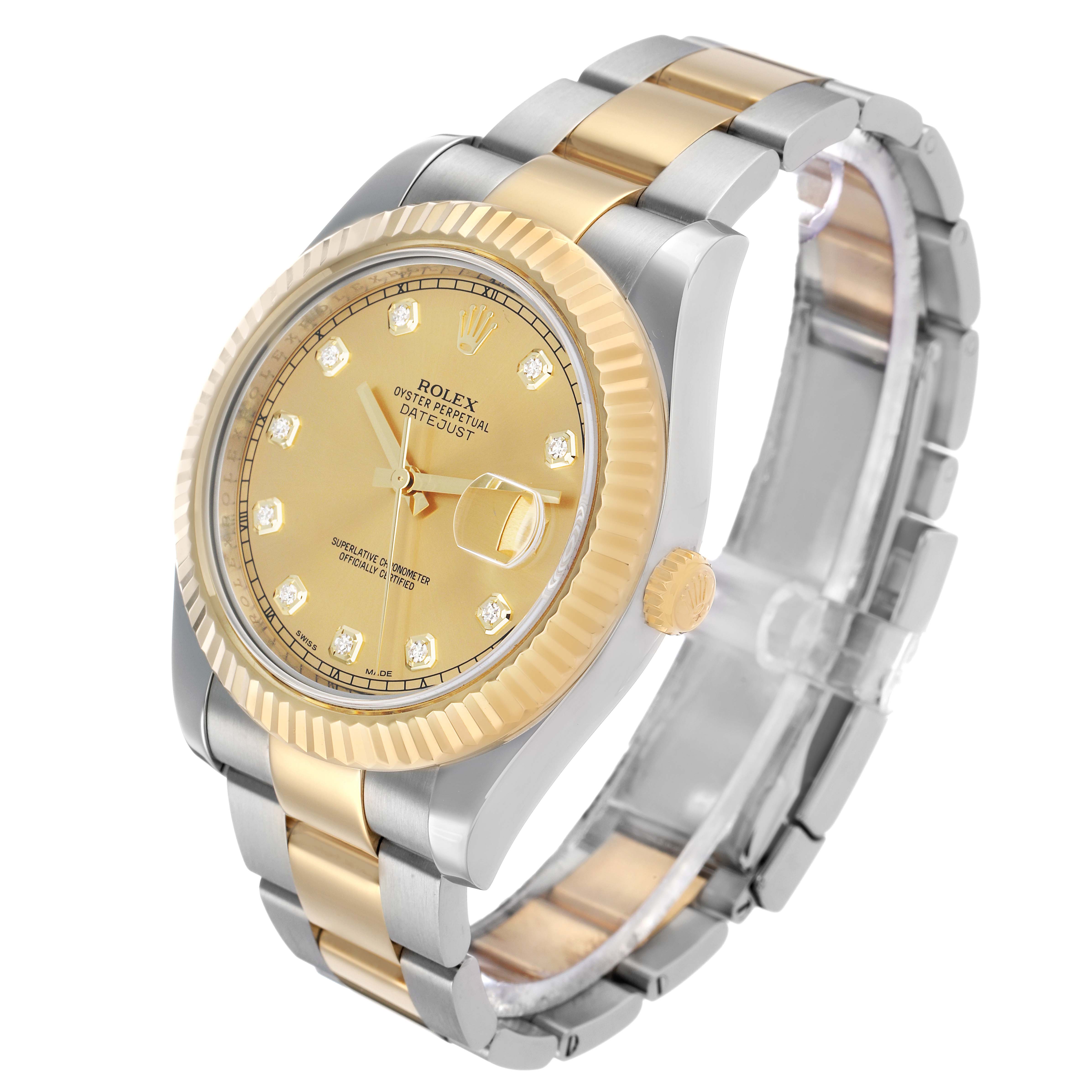 The Rolex Datejust 41 116333 Men's Steel and Gold (two tone) Champagne Dial is shown at an angle highlighting the gold dial, fluted bezel, and two-tone bracelet.